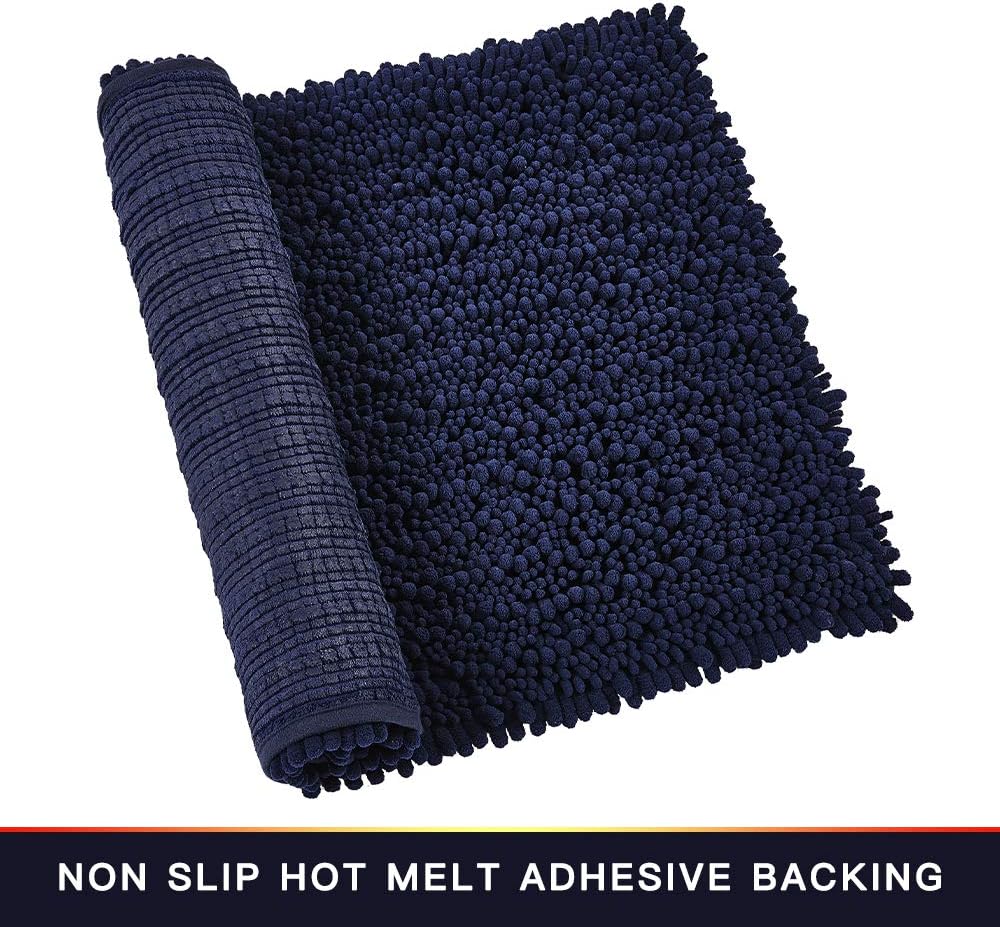 Walensee Bathroom Rug Non Slip Bath Mat (24x17 Inch Navy) Water Absorbent Super Soft Shaggy Chenille Machine Washable Dry Extra Thick Perfect Absorbant Best Small Plush Carpet for Shower Floor