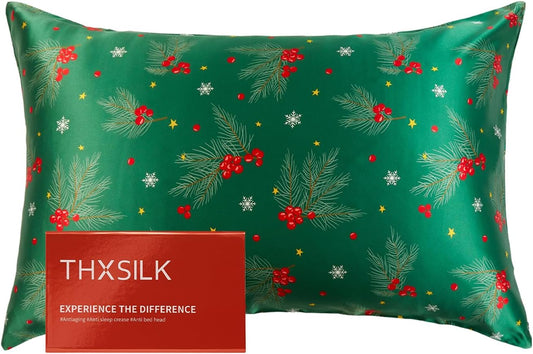 THXSILK Christmas Style 6A+ Grade Mulberry Silk Pillowcase for Hair and Skin, 22 Momme 100% Pure Silk Pillow Case with Hidden Zipper, Christmas Holly Printed Pillow Cover(Queen Size 20"x30",Green)