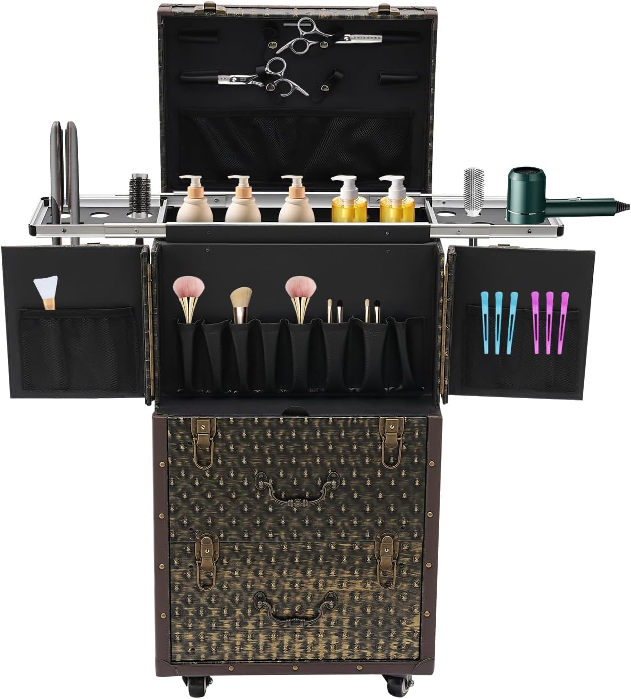 Lockable Makeup Train Case,55.1lbs Rolling Hairdressing Trolley,Beauty Salon Cosmetic Luggage with Universal Wheels for Hair Stylist,Make-up Artists (Brown)