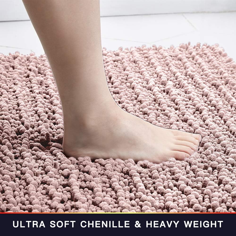 Walensee Bathroom Rug 2 Pieces Set Non Slip Bath Mat (17x24 Plus 20x32 Inch Dusty Pink) Water Absorbent Super Soft Shaggy Chenille Machine Washable Dry Extra Thick Perfect Carpet for Shower Floor