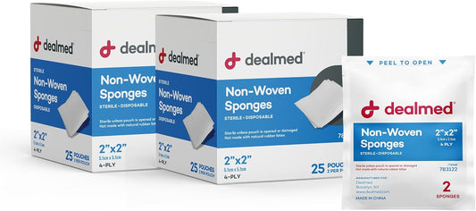 Dealmed Premium Non-Woven Sponges – 2" x 2" 4-Ply Non-Woven Gauze Pads, 25 Pouches, 2 Per Pouch (Pack of 2), Absorbent Gauze Sponges, Wound Care Product for First Aid Kits and Medical Facilities
