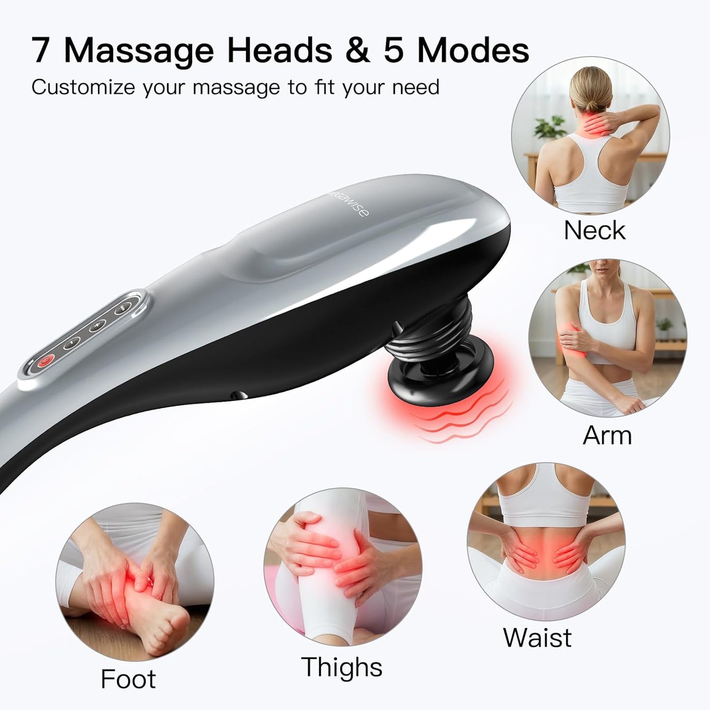 MEGAWISE Handheld Deep Tissue Neck Back Electric Massager for Shoulder, Waist, Leg, 3700 RPM Powerful Motor with 5 +2 Nodes & 5 Speeds, Knotty Muscle, A Little Heavy