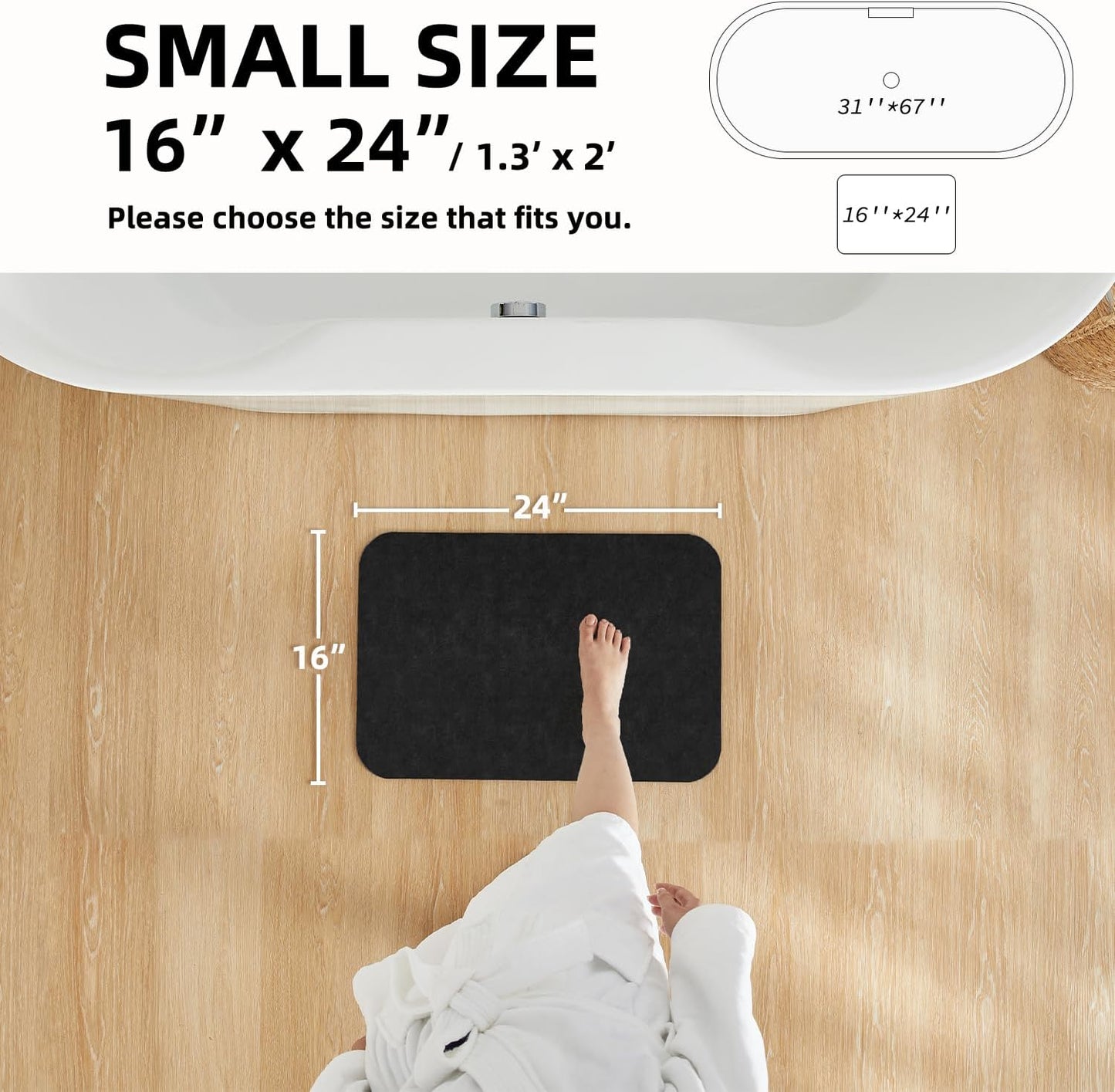 Black Bath Mat, Bathroom Rugs Non Slip Washable Thin Absorbent Quick Dry Bath Mat Fits Under Door Bathroom Floor Mat Perfect for Bath, Shower, or Sink 16"x24" Black