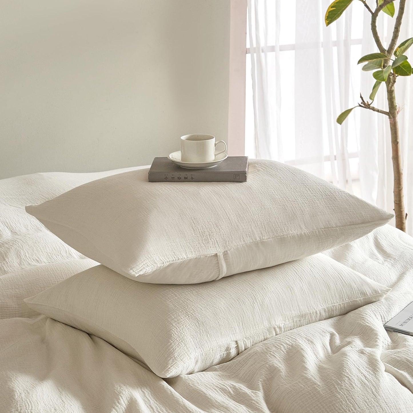 SE SOFTEXLY Muslin Pillowcases King Size 100% Cotton, 2 Pack Linen Like Pillow Shams with Envelope Closure, Ultral Soft and Breathable Pillow Case Covers, White, 20" X 36", No Filling