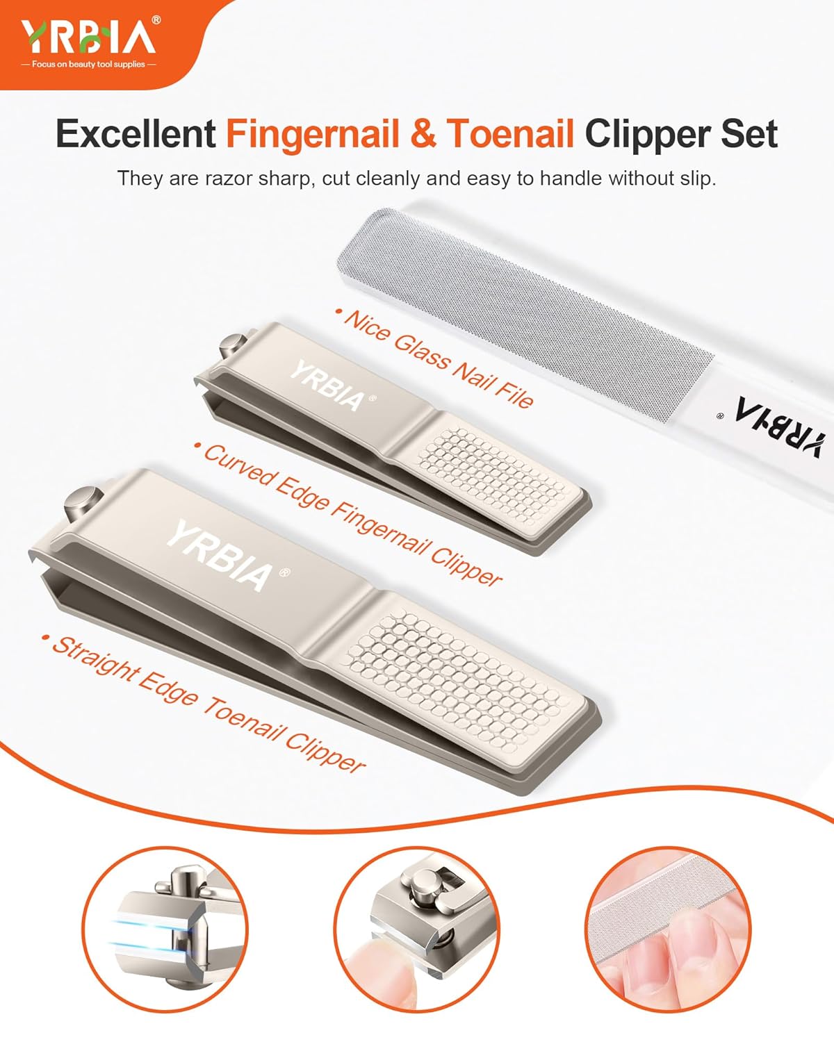 Nail Clippers with Glass Nail File, YRBIA 3 Piece Ultra Sharp Nail Clipper Set, Professional Fingernail & Toenail Clippers Nail Cutter for Men and Women (Champagne)