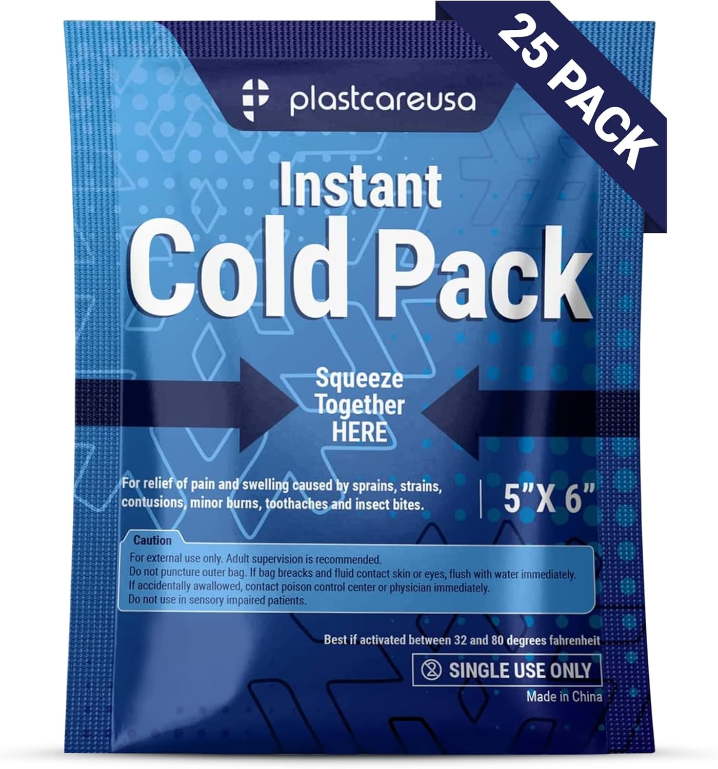 25 Pack 5" x 6" Disposable Ice Packs for Injuries, Swelling, Muscle & Joint Aches, Sprains & Abrasions - Easy to Use Disposable Cold Compress for Pain Relief - PlastCare USA Instant Cold Packs