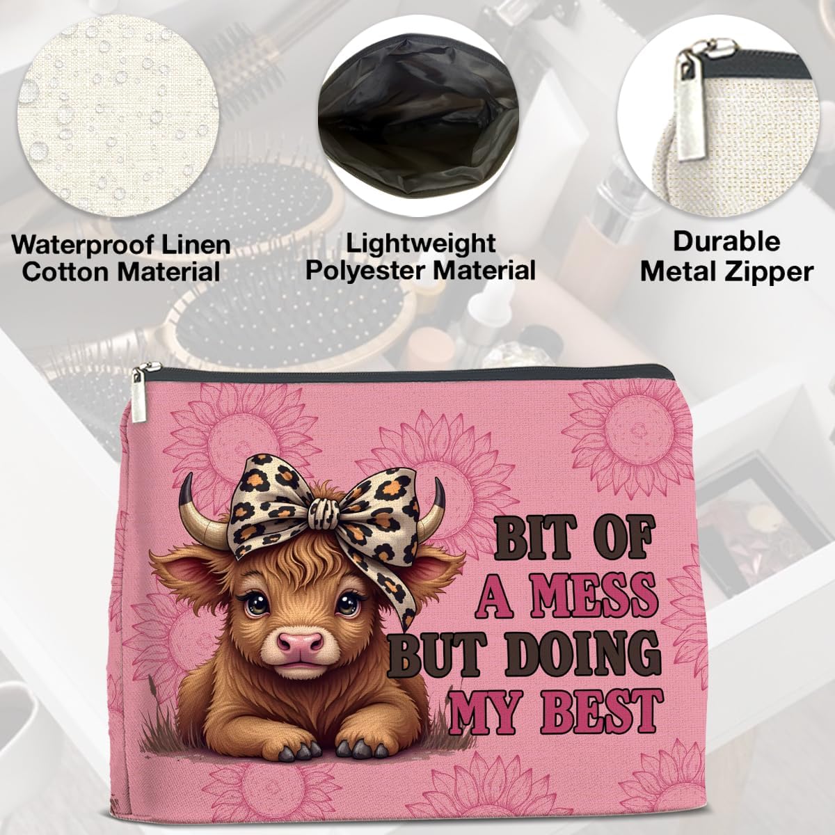 Inspirational Highland Cow Makeup Bag Gifts for Women Wild West Enthusiasts Pink Highland Cow Cosmetic Bag Zipper Pouch
