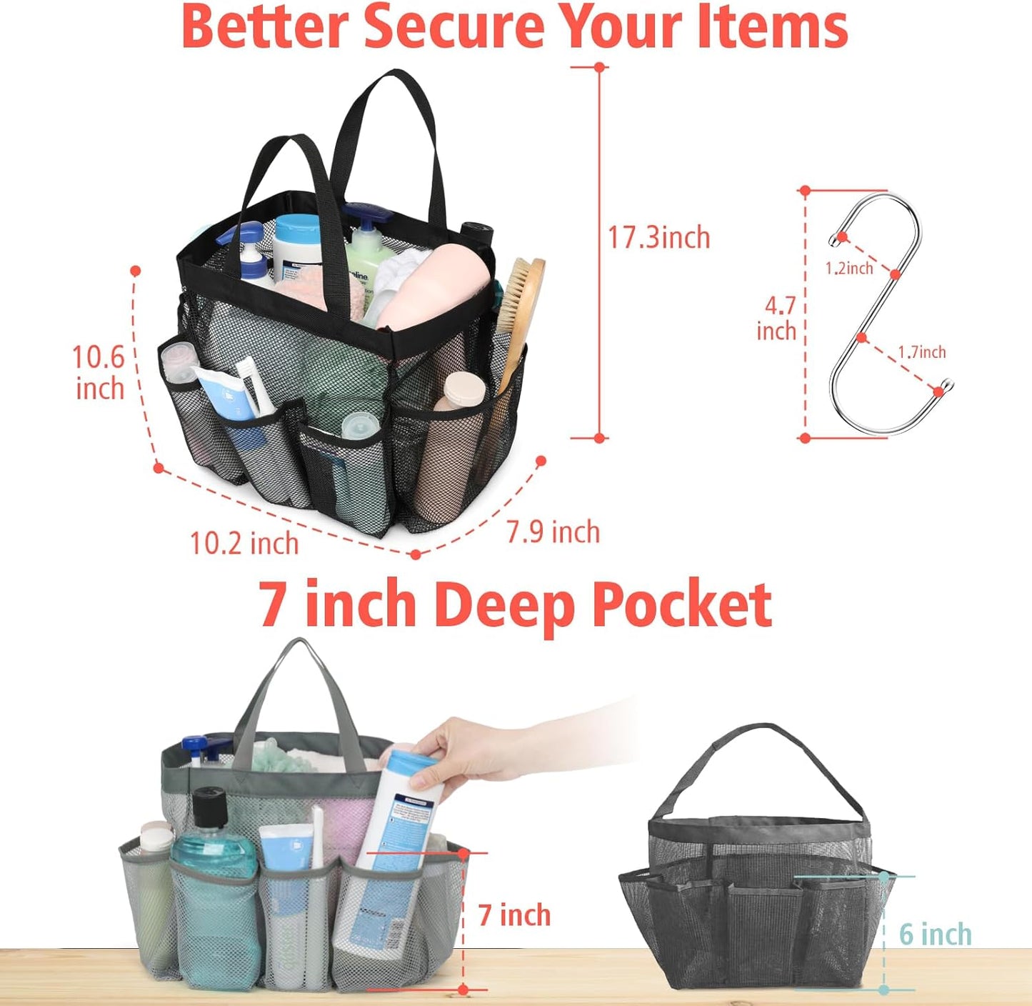 F-color Mesh Shower Caddy Portable, Upgrade Deeper 7 Pockets Shower Bag Basket Tote for College Dorm Room Toiletry Bathroom Essentials Gym Camp Quick Dry 2 handles with S Hook, Grey
