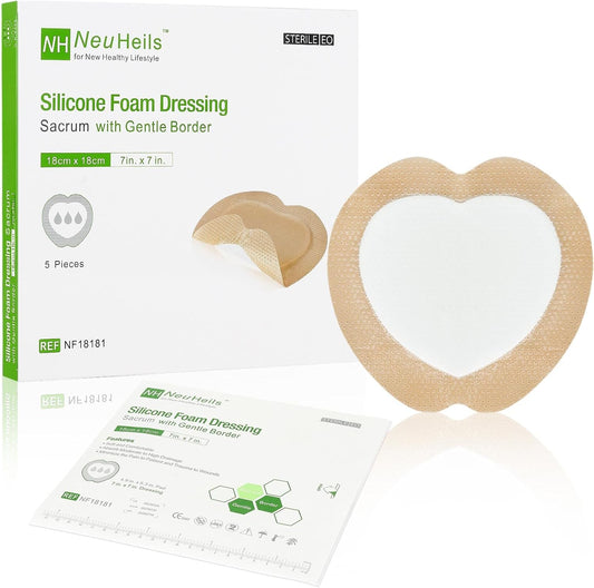Sacrum Silicone Foam Dressing with Gentle Border for Sacral Ulcer, Pressure Ulcer, Butt Bed Sore, Size 7''x7'' (4.9''x5.3'' Pad), 5 Pack, High Absorbency Silicone Adhesive Wound Bandage by NeuHeils
