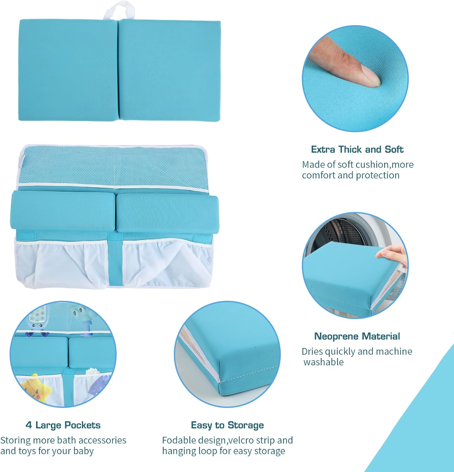 Bath Kneeler and Elbow Rest Pad, Thick Quick Dry Kneeling Mat, Large Bathtub Pad with Toy Organizer for Baby Bathing (Blue)