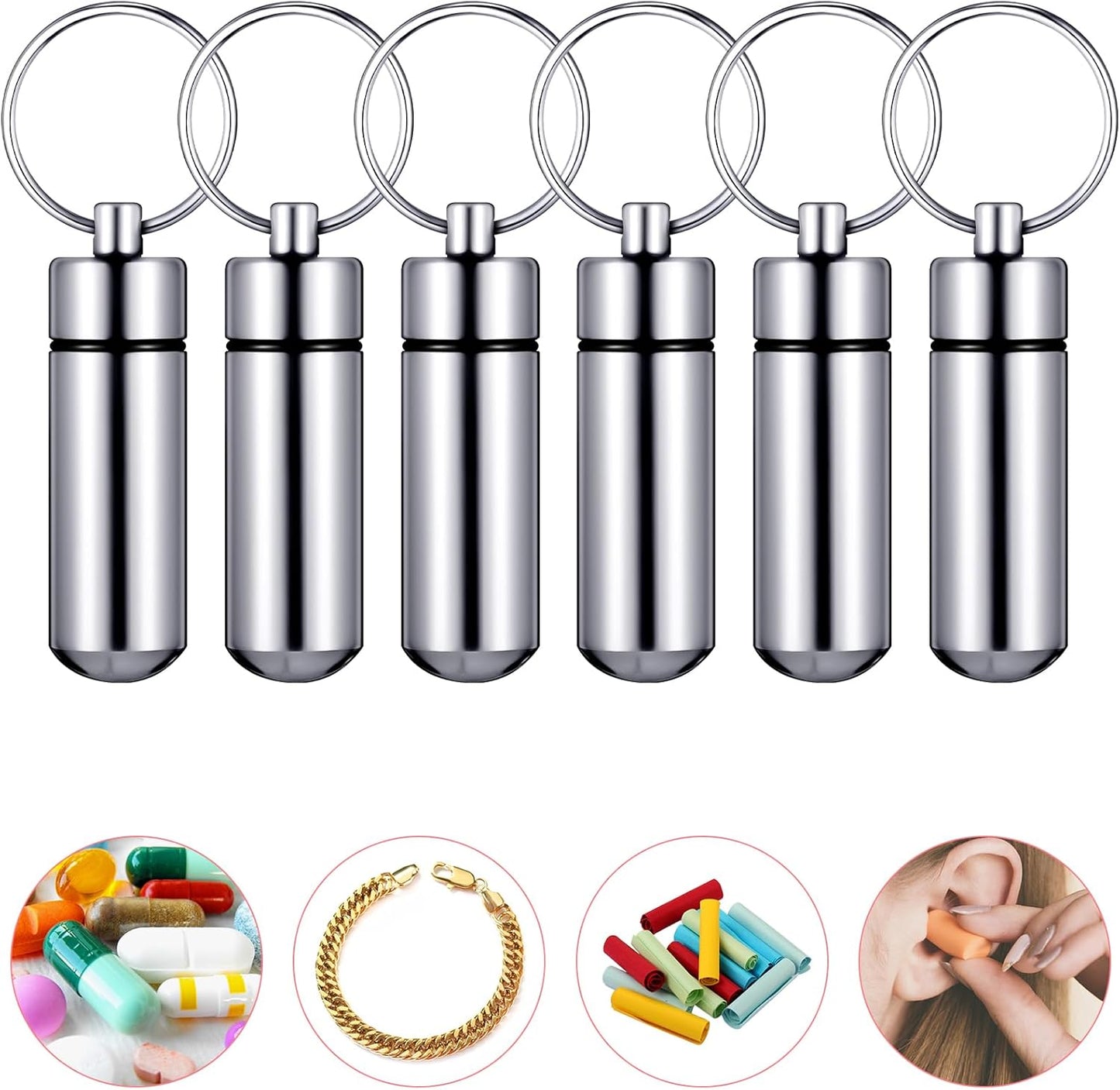 Patelai 12 Pcs Portable Keychain Pill Holder Mini Pocket Pill Case for Men Women Aluminum Geocache Containers Waterproof Metal Medicine Bottle Organizer for Outdoor Camping Travel(Silver)
