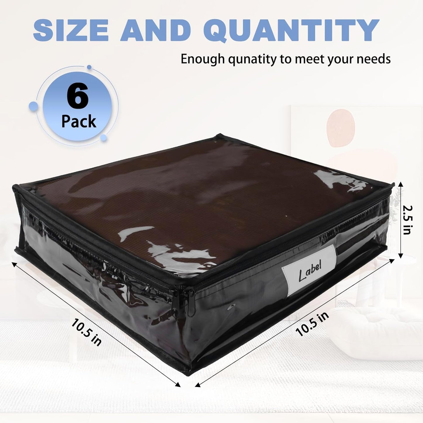 Clear Zippered Storage Bags Plastic Sweater Storage Bags with Zipper 6 Packs Clothing Organizer for Blankets Linen Sweater Bed Sheet Quilt Clothes Pillow (10.5 x 10.5 x 2.5 Inch, Black)