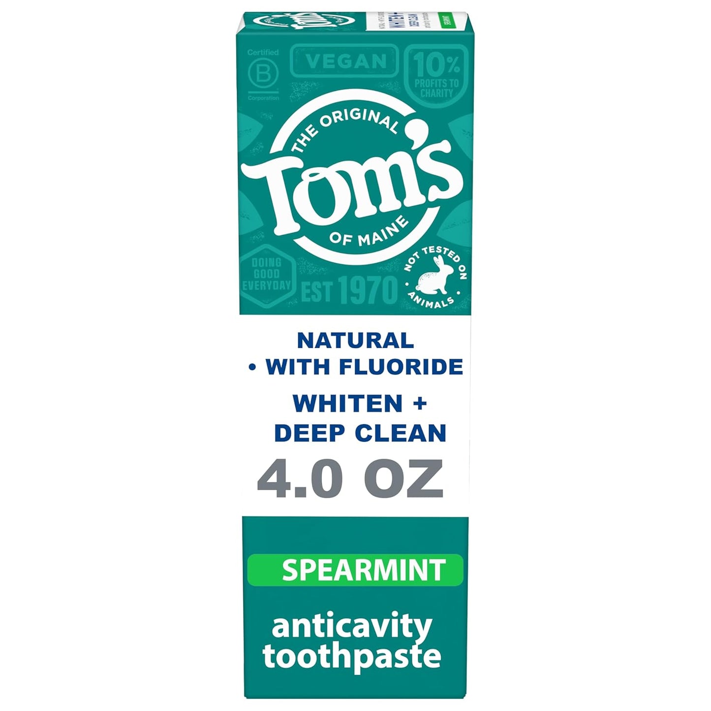 Tom's of Maine Whiten Plus Deep Clean Whitening Toothpaste, Natural Whitening Toothpaste with Plant-Based Cleansers, Enamel Safe Formula, Whitens Without Causing Sensitivity, Spearmint, 4.0 Oz