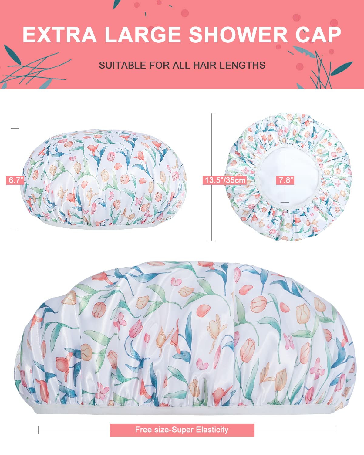 Shower Cap, Terry lined Reusable shower caps, Large Shower Cap for Women, Waterproof Hair cap Triple Layer Shower Caps for Long Thick Hair