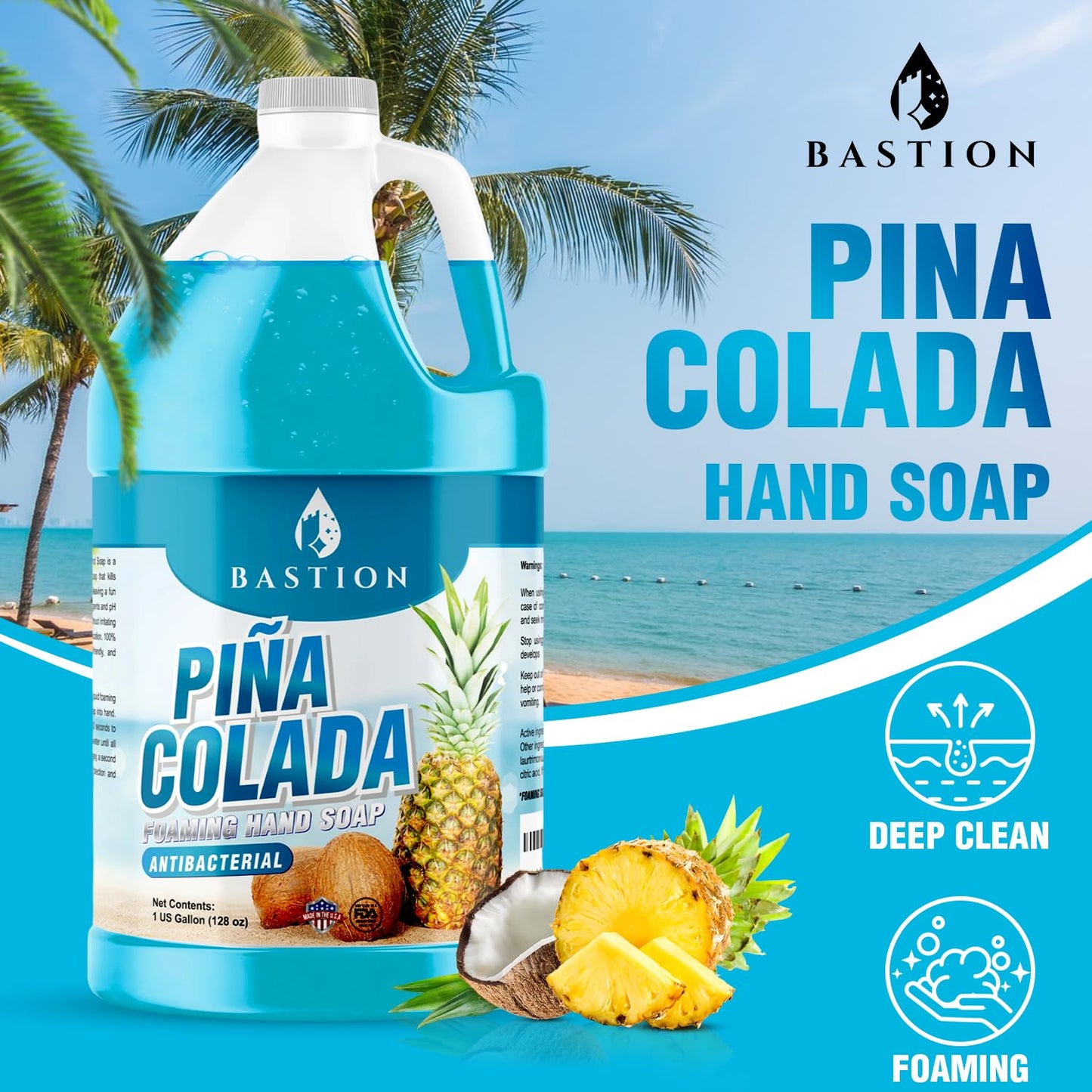 Bastion Foaming Antibacterial Hand Soap Refill – Pina Colada Scent, 1 Gallon (128 oz) – Bulk Moisturizing Hand Wash for Home, Office, Kitchen, Bathroom – Kills Germs, Softens Hands
