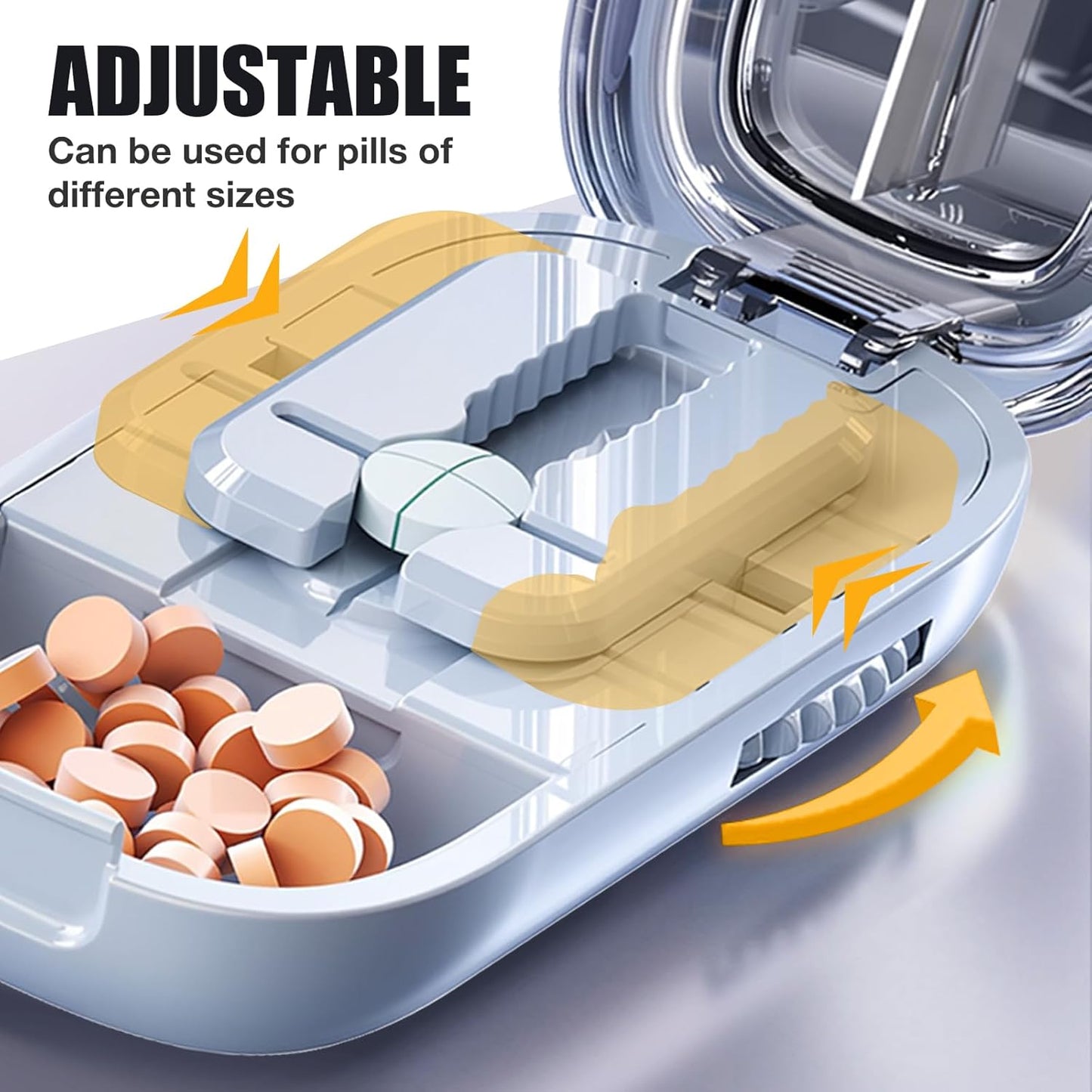 Portable Pill Cutter with Adjustable Slots – Multi Pill Splitter for Small & Large Tablets, Stainless Steel Blade, Clear Cut, Non-Slip Design, Easy to Use for Weekly Medication (Blue, 1/4)