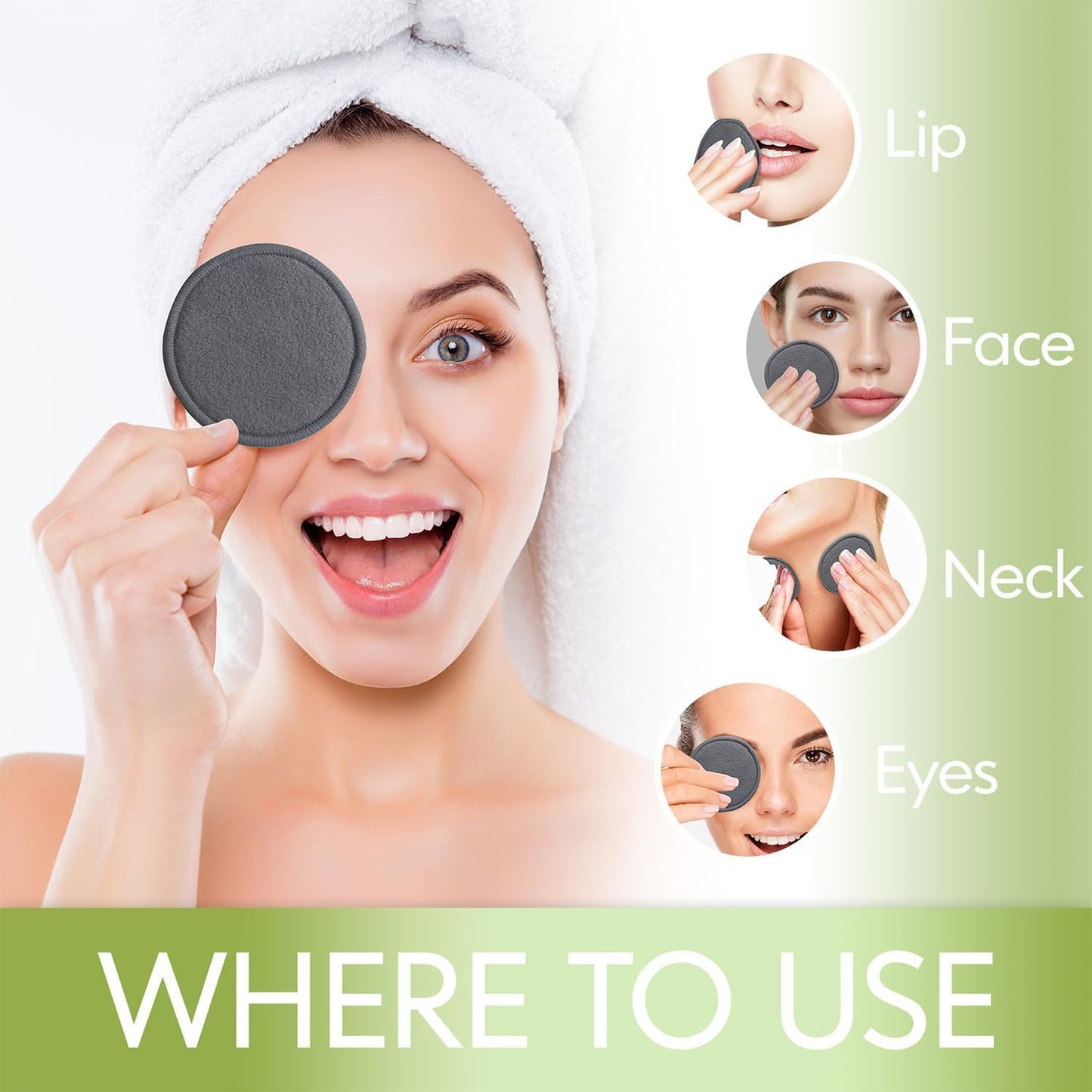 Reusable Cotton Rounds 16Pcs - 100% Natural Bamboo Cotton Pads for Face, Makeup Remover With Laundry Bag and Bamboo Holder (Gray)