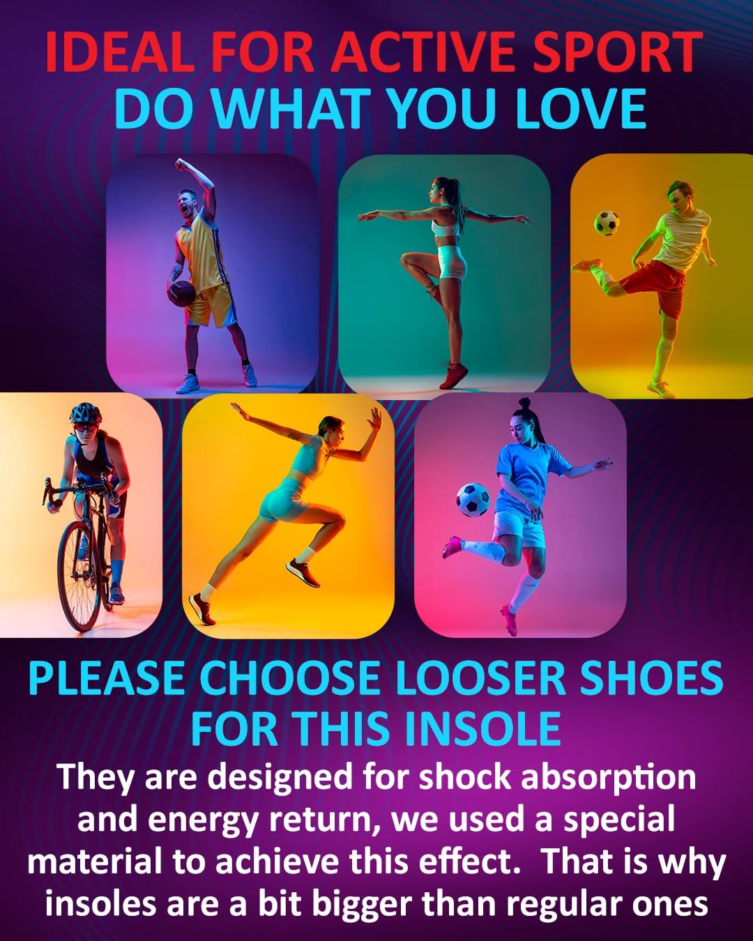 Sport Shock Absorbing Insoles - Athletic Shoe Cushioning Inserts for Men and Women - Ideal for Active Sports Running Training Hiking - Neutral Arch Good for Sneakers Shoes (S, Indigo)