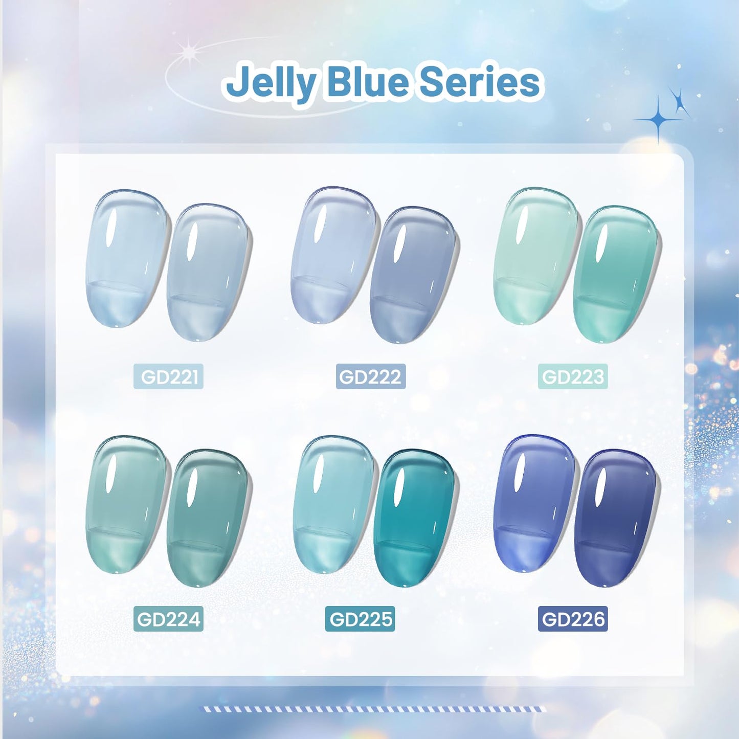 JODSONE 10ml 6 Colors Jelly Gel Nail Polish Set Ocean Blue Turquoise Gel Polish with Crystal Long Lasting All Seasons Need U V Lamp