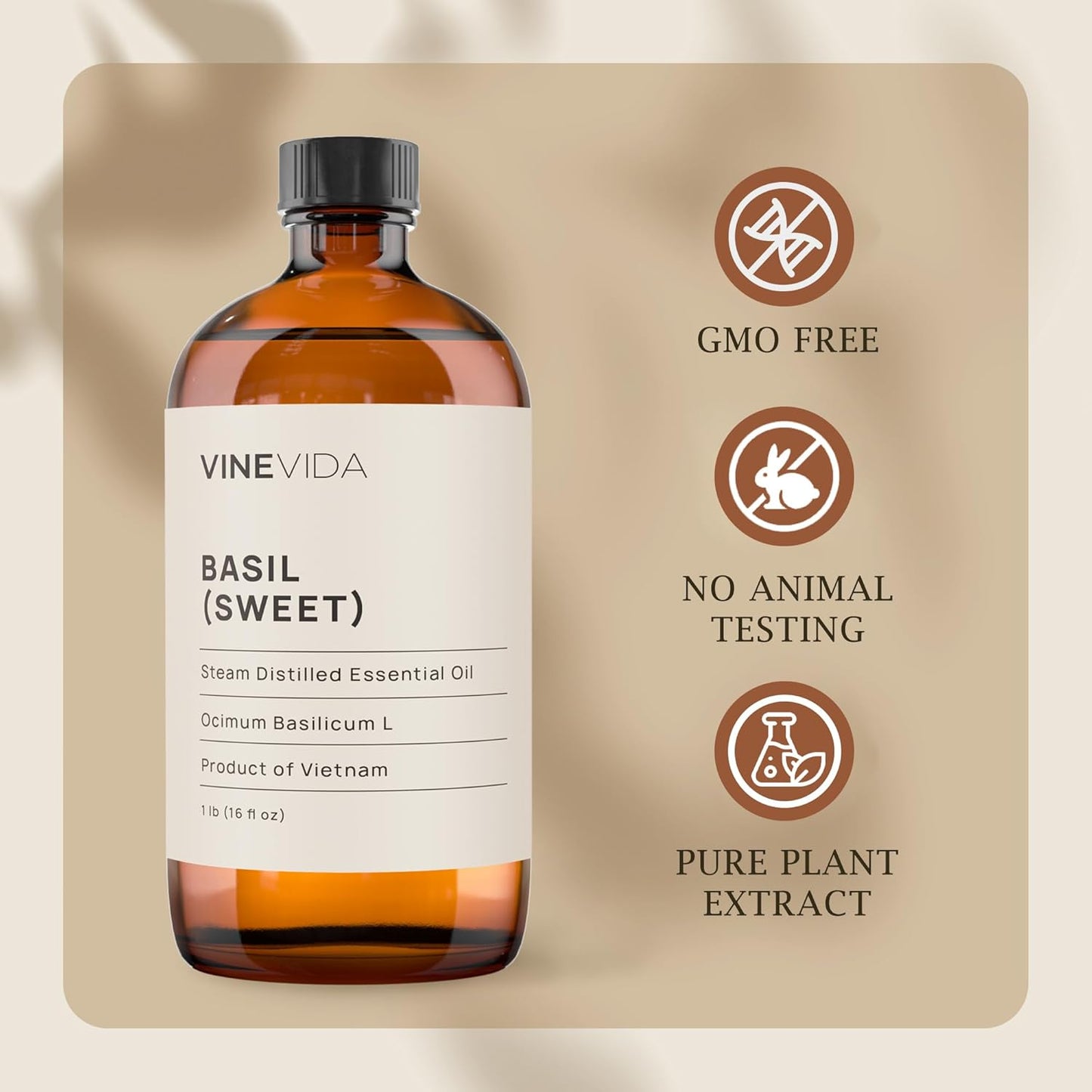 VINEVIDA Basil (Sweet) Essential Oil 16 oz - Undiluted Basil (Sweet) Oil 16 oz - Basil (Sweet) Candle Oil Scent - DIY Candle Scents for Candlemaking - Bulk Essential Oil for Soap Making Safe for Skin