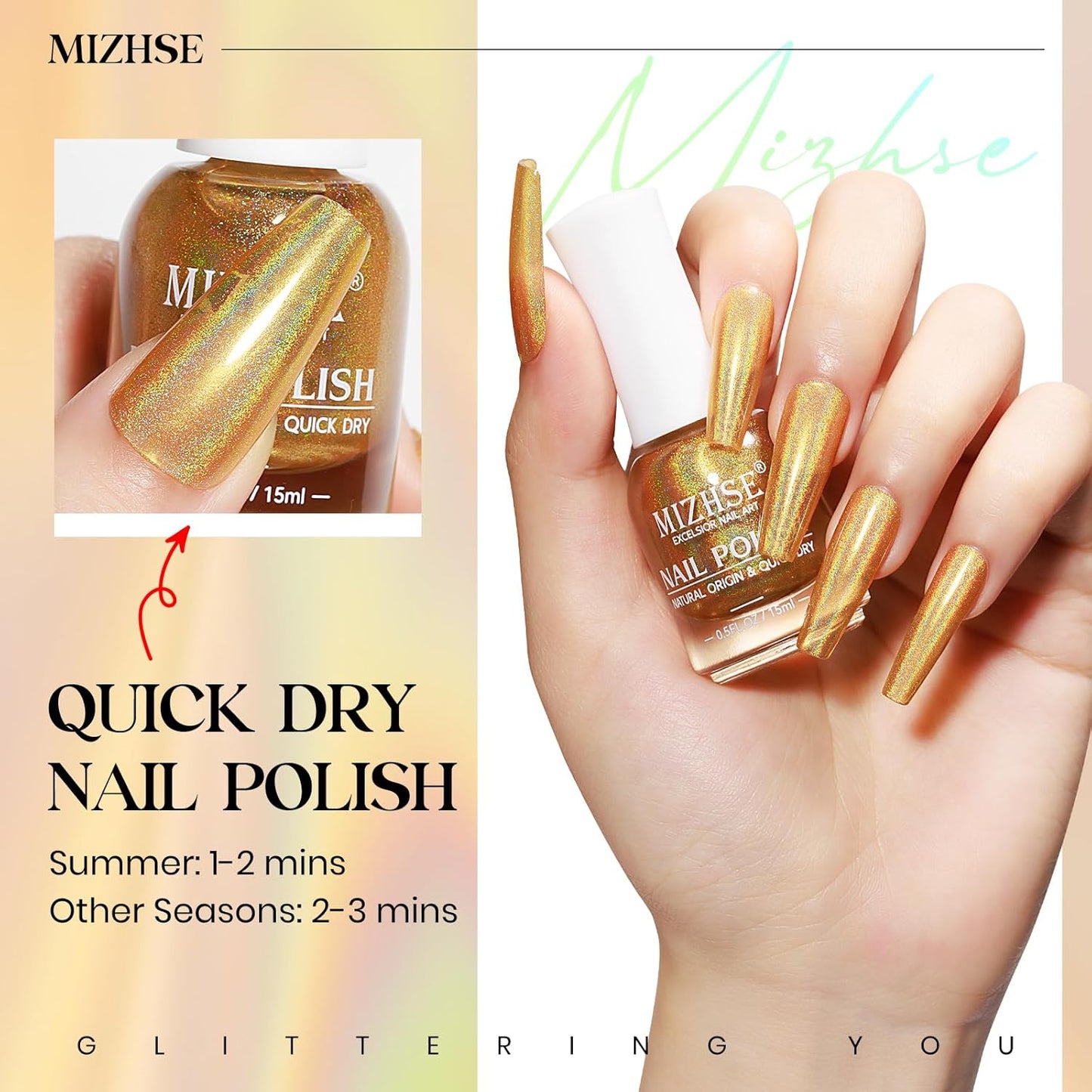 MIZHSE Holographic Nail Polish, Gold Glitter Nail Polish Air Dry Fast, 15 ml 0.5 fl oz High Glossy Shiny Nail Pigment Oil-based Laser Iridescent Chrome Halo Nail Art Salon Manicure Home