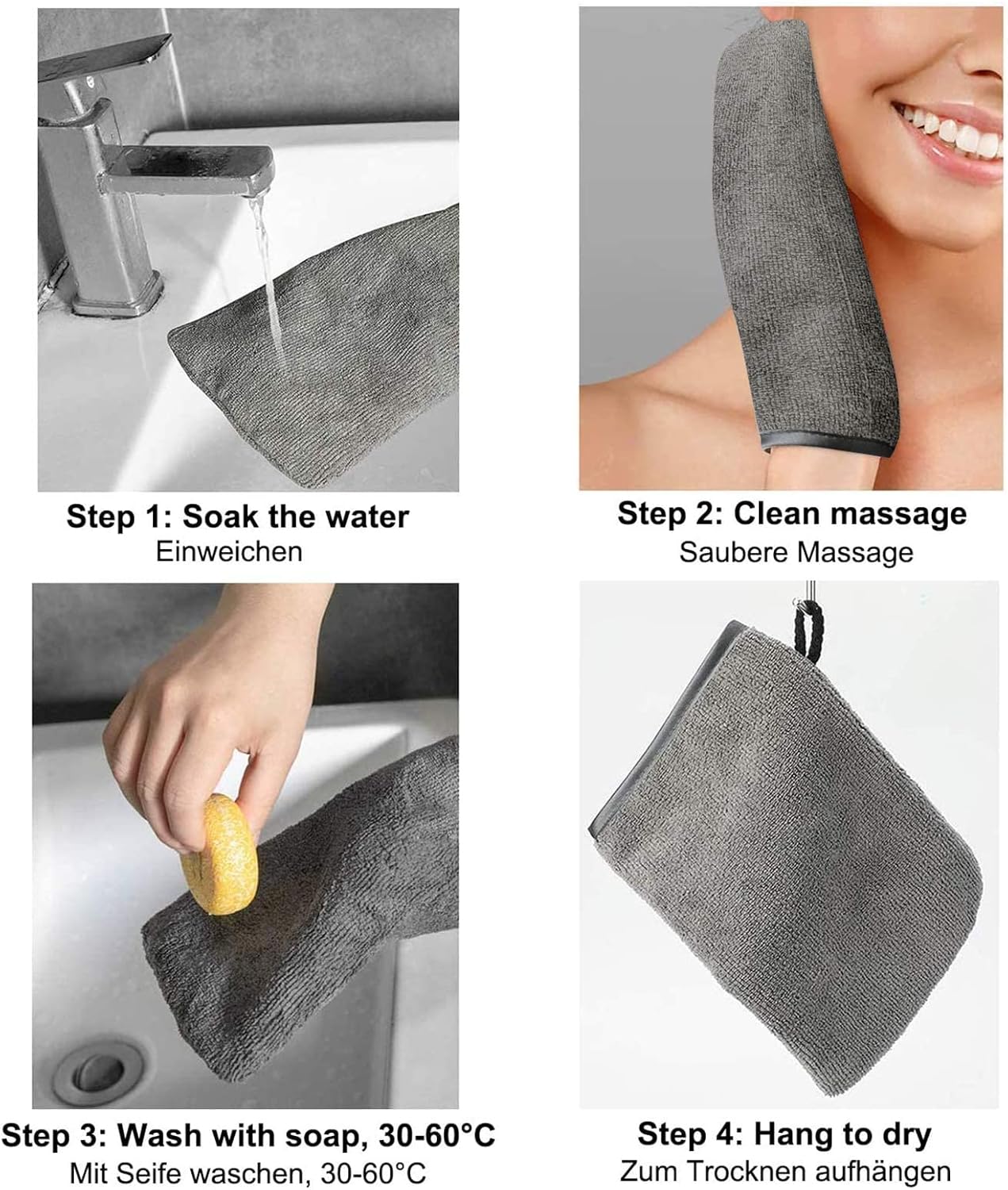 PHOGARY 10 Pack Microfiber Body Wash Mitts, Soft Face Mitten, Bath Spa Cloth, Reusable Makeup Remover Mitt Gloves, European Style Wash Cloth, 6×8 inch (Grey)