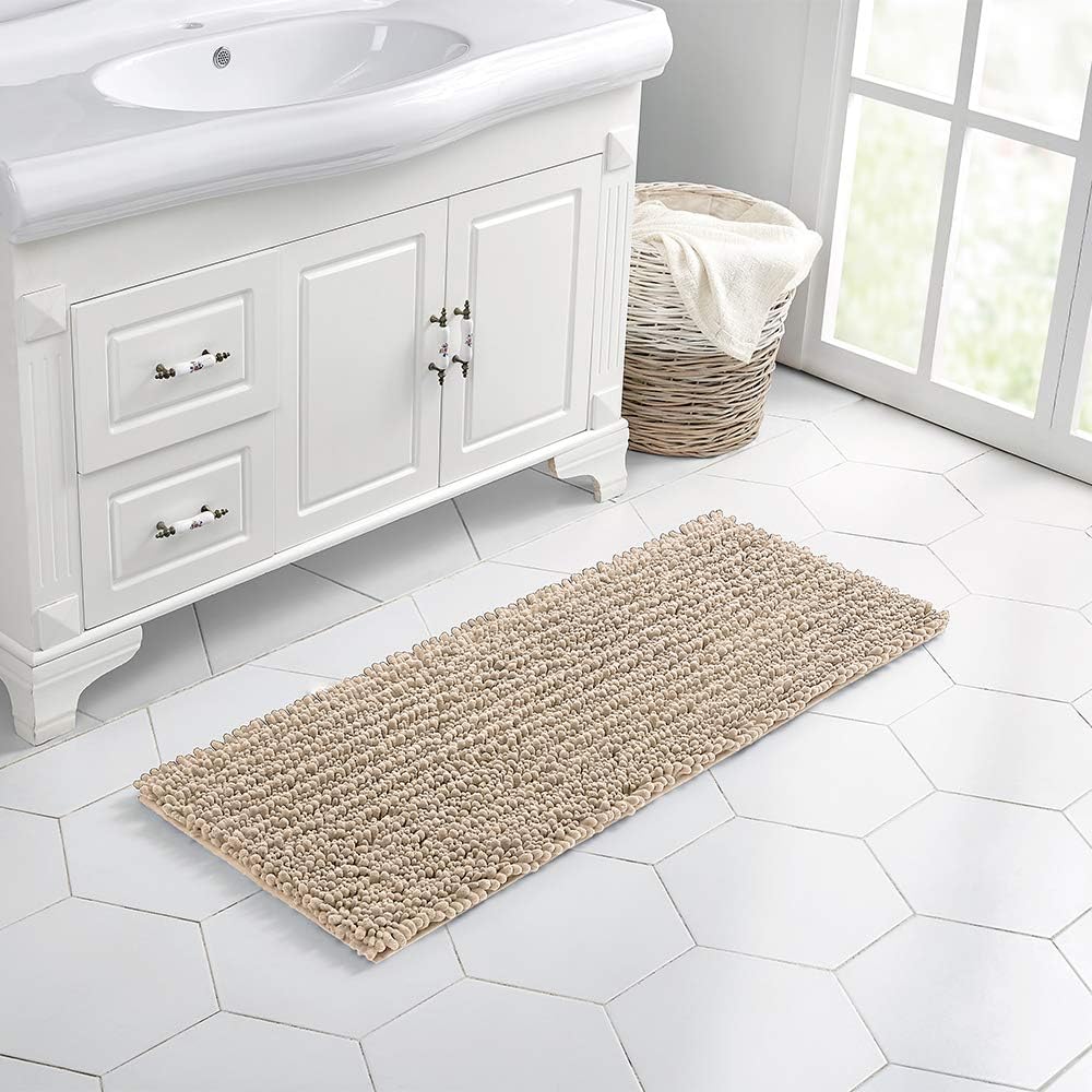 Walensee Bathroom Rug Non Slip Bath Mat (44x24 Inch Beige) Water Absorbent Super Soft Shaggy Chenille Machine Washable Dry Extra Thick Perfect Absorbant Best Large Plush Carpet for Shower Floor