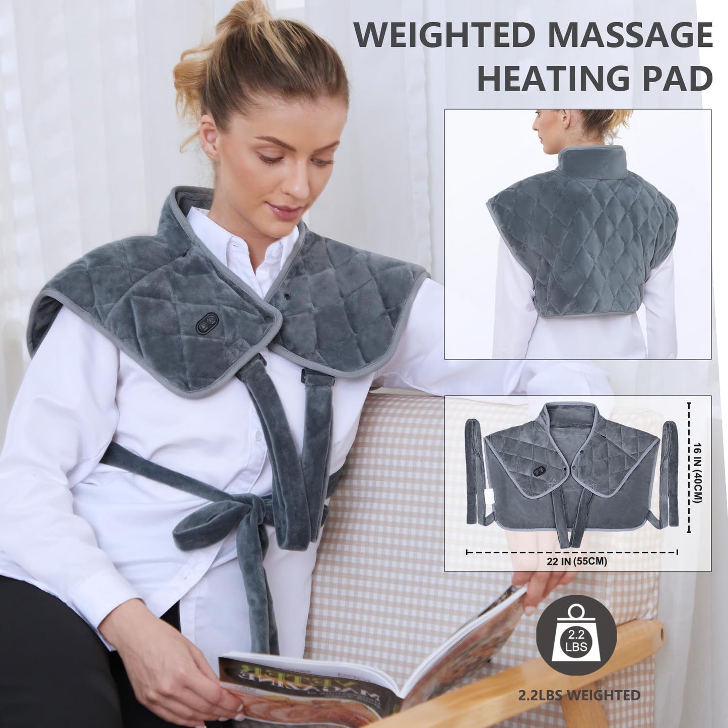 Vofuoti Portable Heating Pad for Neck and Shoulders, Cordless Heating Pad with Battery and 3 Heat Settings, Weighted Electric Heated Neck Shoulder Wrap, 16'' x 22'', 2.2lbs