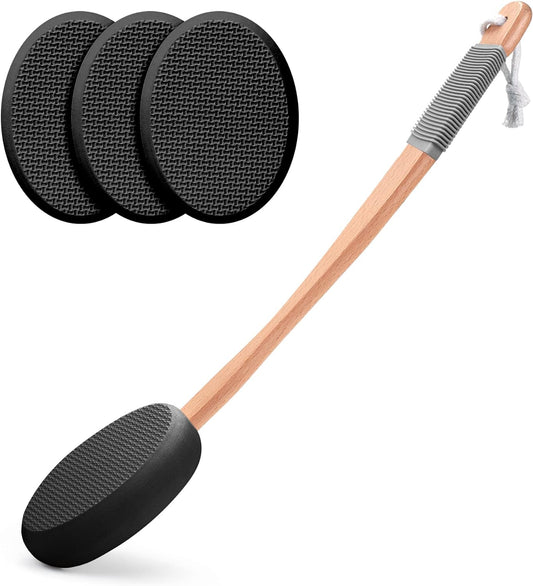 AmazerBath Lotion Applicator for Back, Feet, 4 Replacement Pads with 17" Curved Handle, Back Sunscreen Applicator for Kids, Elderly, Women, Apply Skin Cream Medicine Moisturizer Tanner, Black