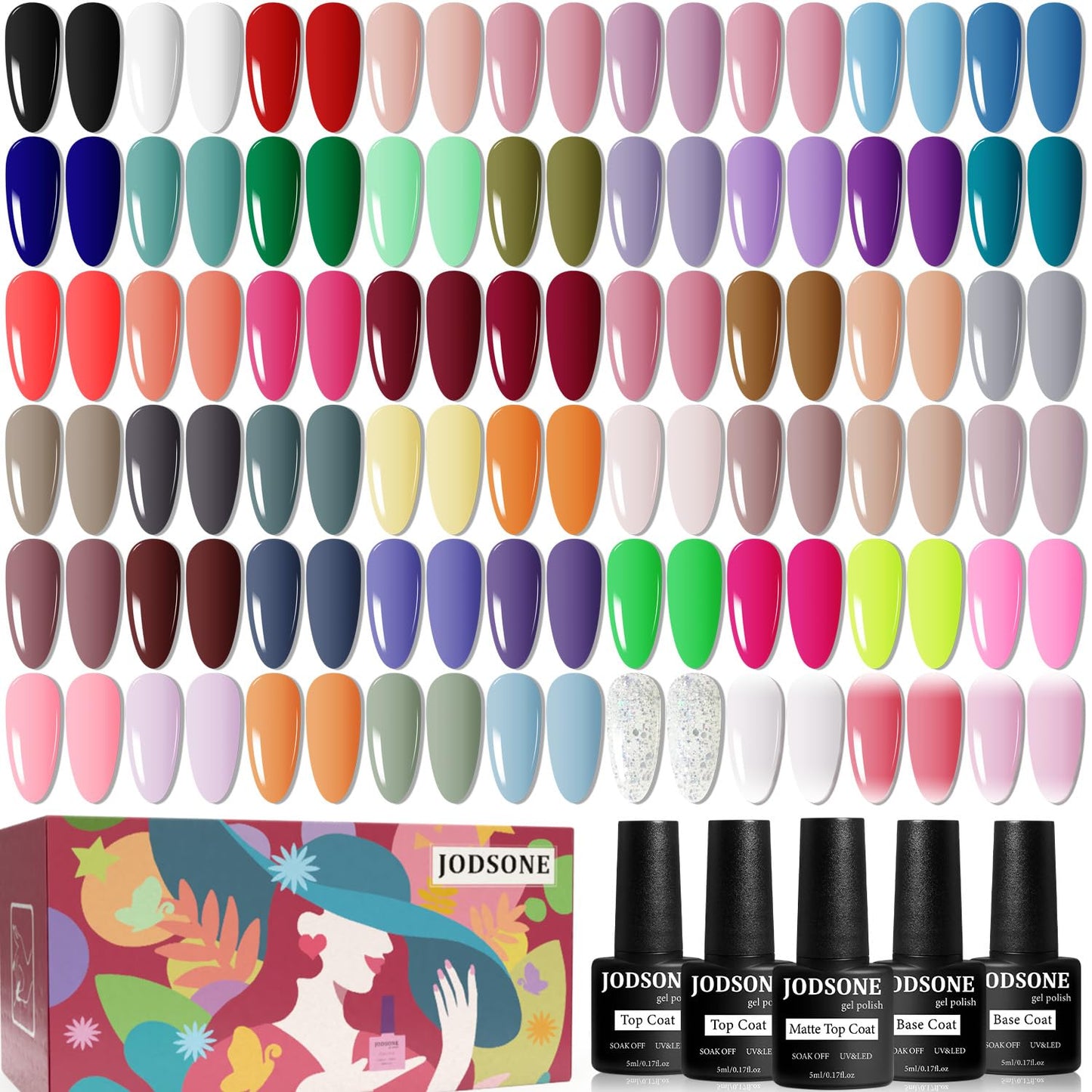 JODSONE 60 PCS Gel Nail Polish Set with 5 Bottles of Base and Glossy Matte Top Coat Soak off Gel Nail Set Suitable for All Seasons Gifts
