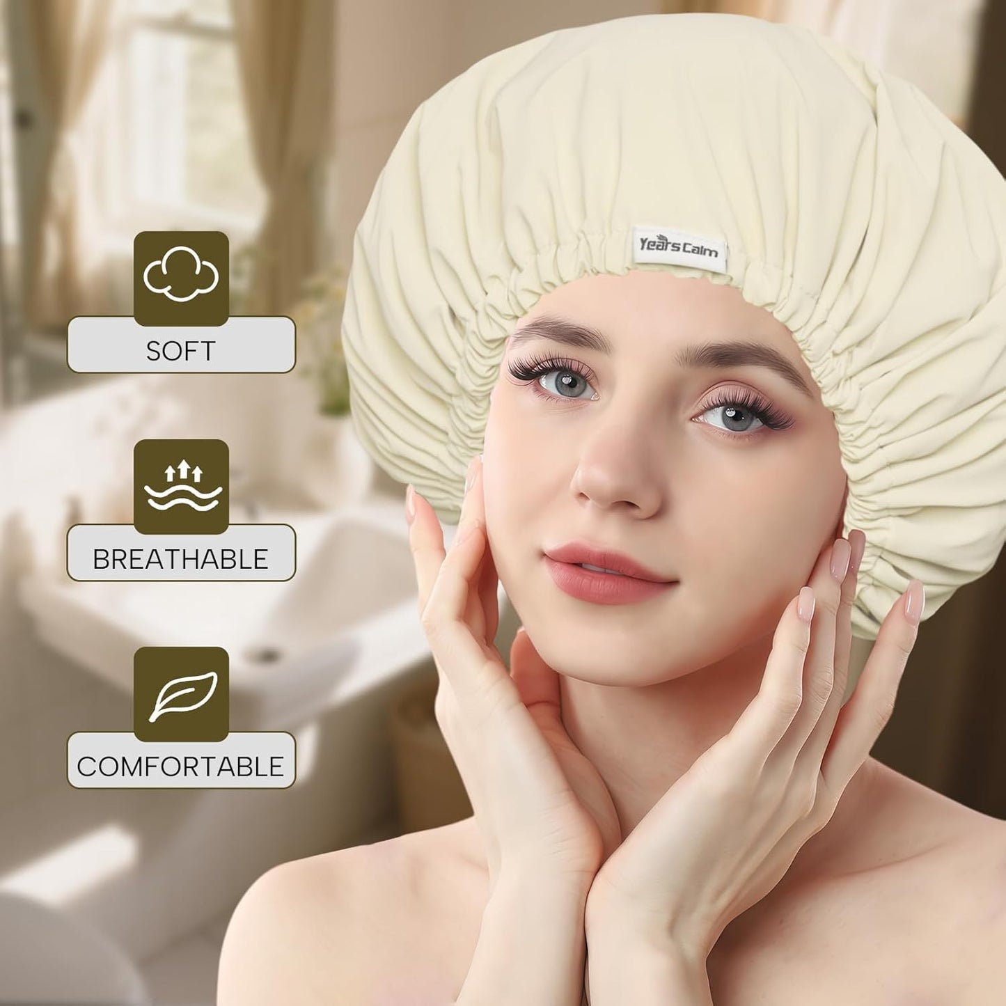 Years calm Shower Cap Reusable Waterproof, Double-Layer Hair Cap, with Elastic Band, Ideal for Shower, Spa, Travel & Cleaning (Light yellow, One Size)