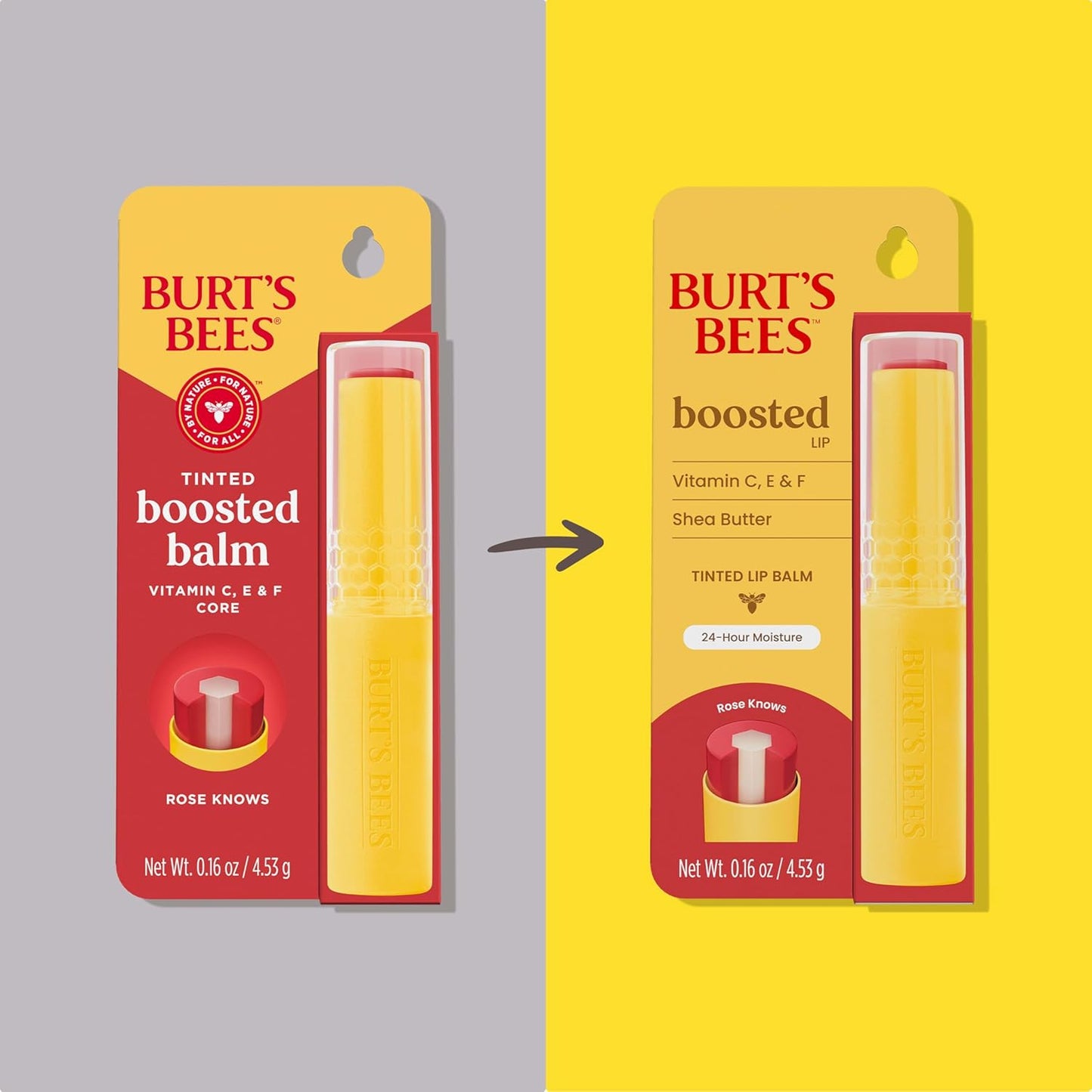 Burt’s Bees Tinted Boosted Balm, Rose Knows, Hydrating Tinted Lip Balm with Vitamin C, E, and F Core, 24 Hour Lip Moisturizer with Responsibly Sourced Beeswax, 100% Natural Origin, 1 Count, 0.16oz