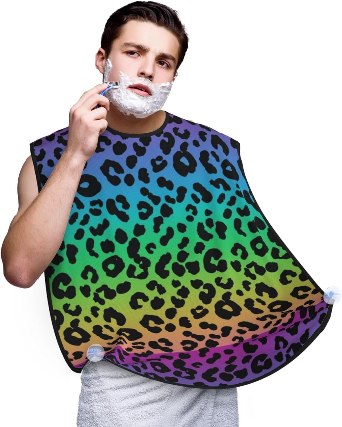 Waterproof Grooming Apron, Non-Stick Beard Bib with Suction Cups, for Colorful Cheetah Leopard Animal Print Rainbow