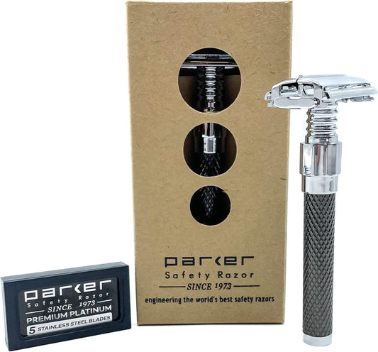 Parker 92R Graphite Gray, Long Handle Heavyweight Butterfly Open Double Edge Safety Razor for Men, 5 Parker Premium Platinum Double Edge Razor Blades Included