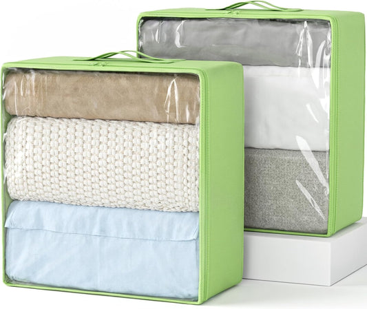 Clothes Storage Bags, Foldable Thick Fabric Blanket Storage Bags, Large Clear Window & Carry Handles, Great for Clothes, Blankets, Closets, Pillows, Toys (Green, Extra-2Pack)