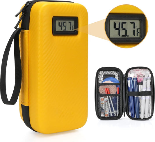Insulin Cooler Travel Case with 2 TSA Approved Gel Ice Pack for Insulin Syringe and Diabetic Supplies, Temperature Display Diabetic Travel Case by LengKe (Yellow)