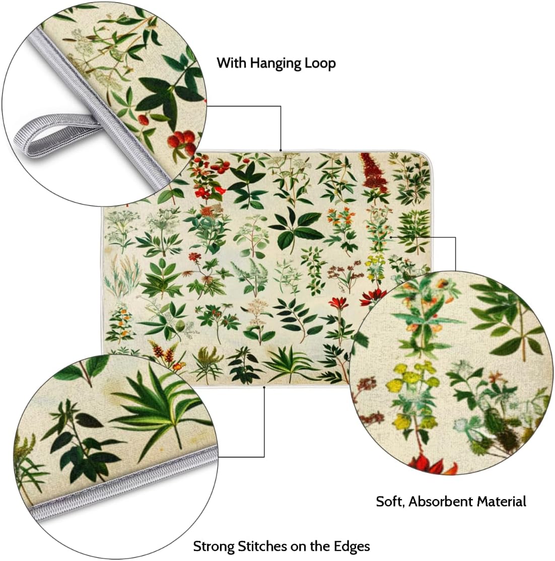 Hexteria Dish Drying Mat For Kitchen Counter Absorbent Dish Mat Microfiber Drainer Drying Kitchen Mat 18x24 In Quich Dry Mat, Botanical Garden