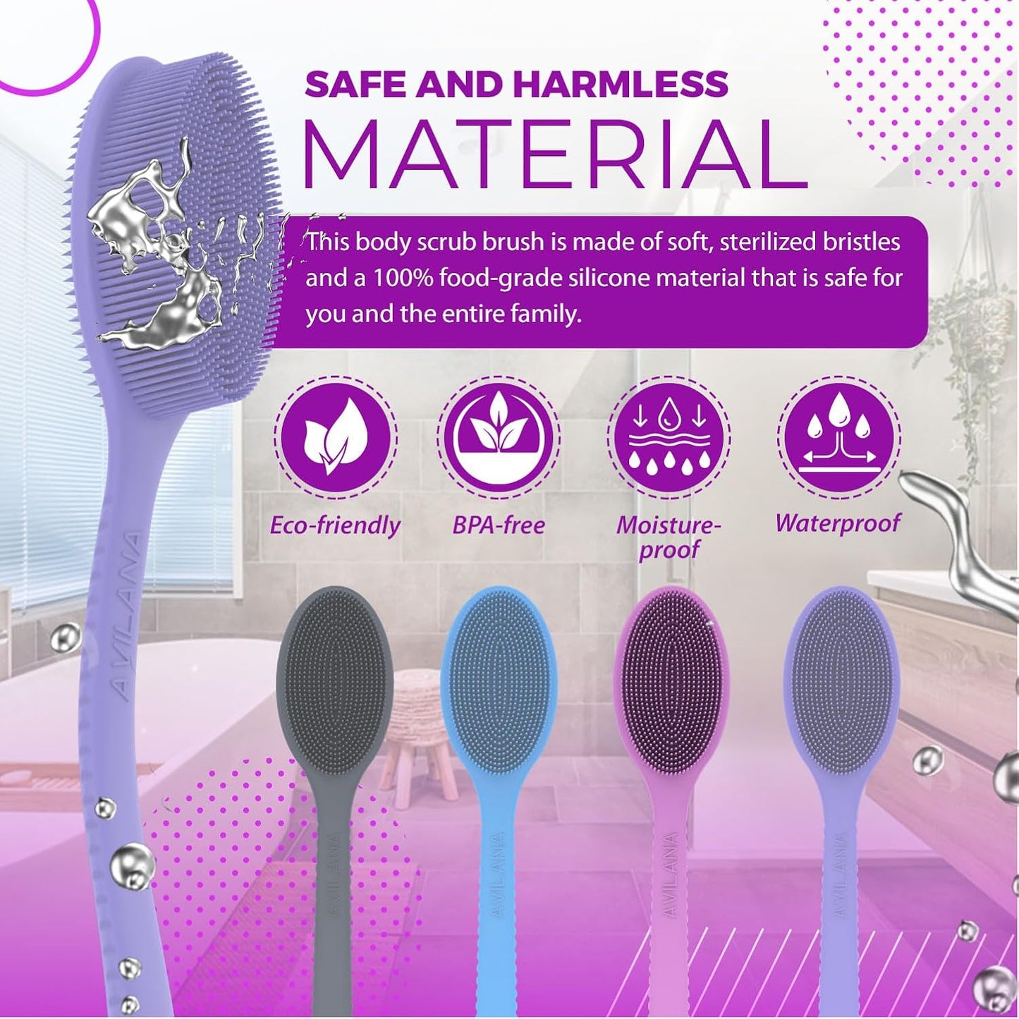 Avilana Silicone Body Scrubber - Food Grade & Lab Tested, Gentle Exfoliating Shower Brush for All Skin Types, Hygienic Quick-Dry Loofah Alternative (Dark Gray, Long Handle-Silver)