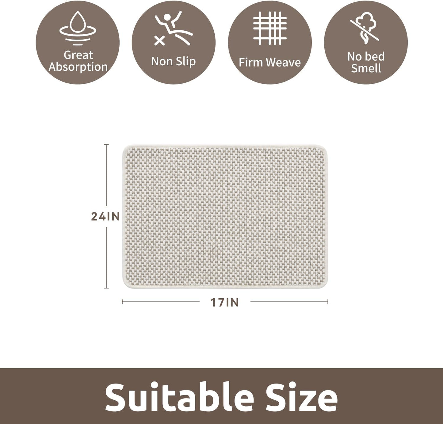 AMOAMI Chenille Bath Mat Super Absorbent Bathroom Mat Quick Dry Bath Mats for Bathroom Rubber Backed Bathroom Rugs Non Slip Washable Fit Under Door, Front of Bathtub, Sink, Beige&White 17"x24"