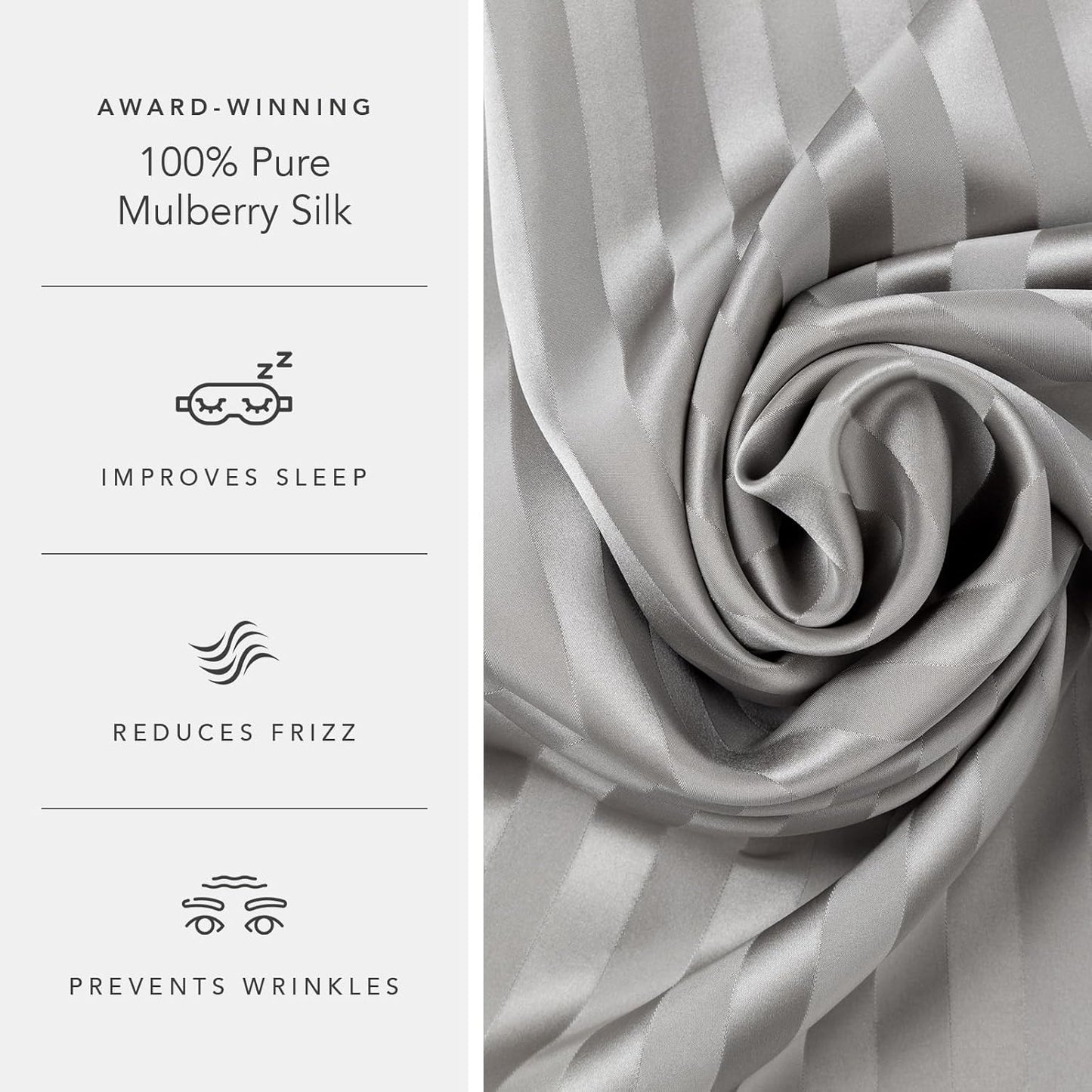 Fishers Finery 30mm 100% Pure Mulberry Silk Pillowcase Set, Quality Tested (Gray Stripe, Queen, 2 Pack)