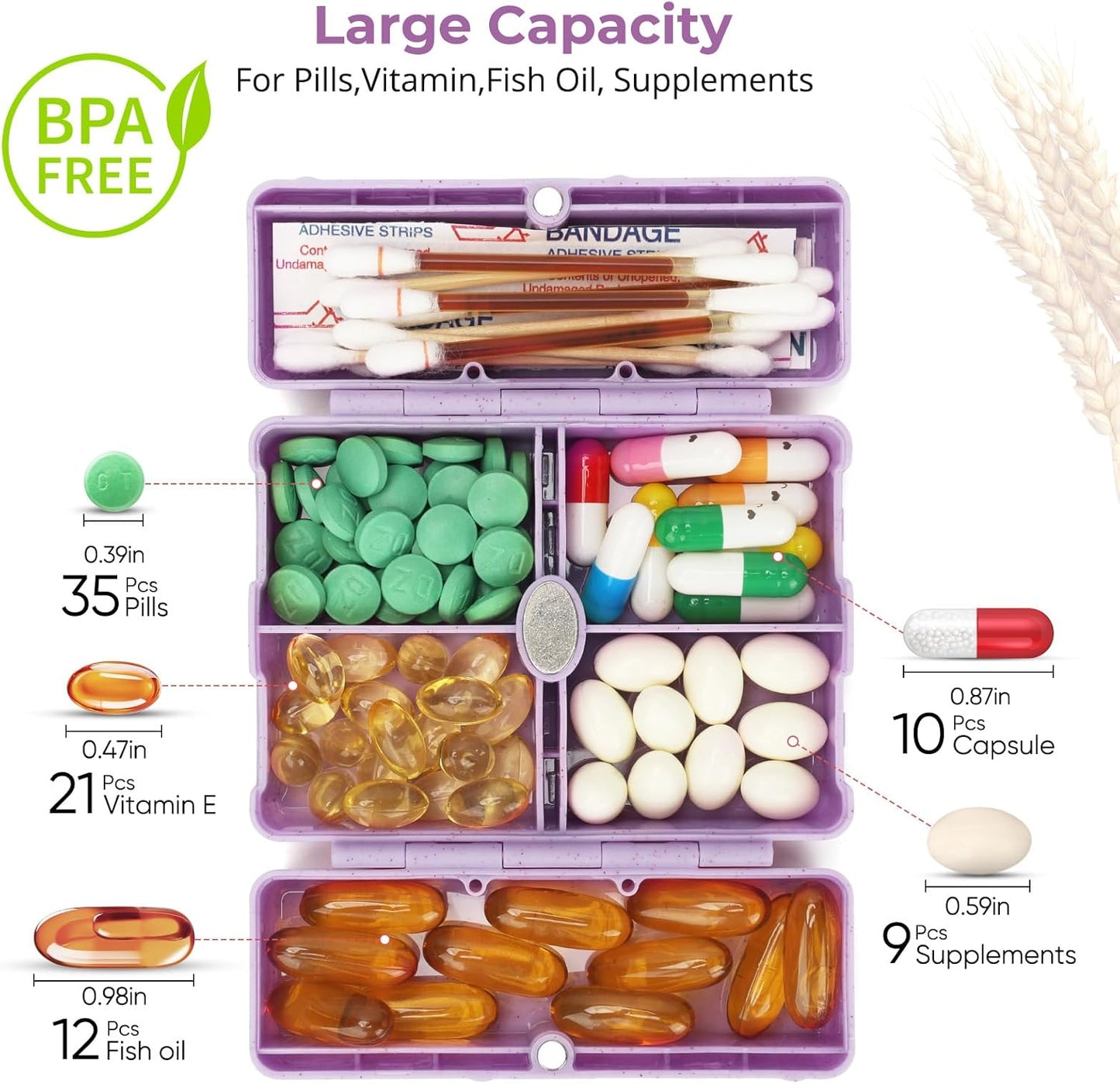 Zentiky Small Daily Pill Organizer with Labels, Medicine Pill Organizer Fit with Your Purse or Pocket for Travel to Hold Vitamin, Fish Oil, Supplement,Cotton Swabs, Bandages or Jewelry-Purple