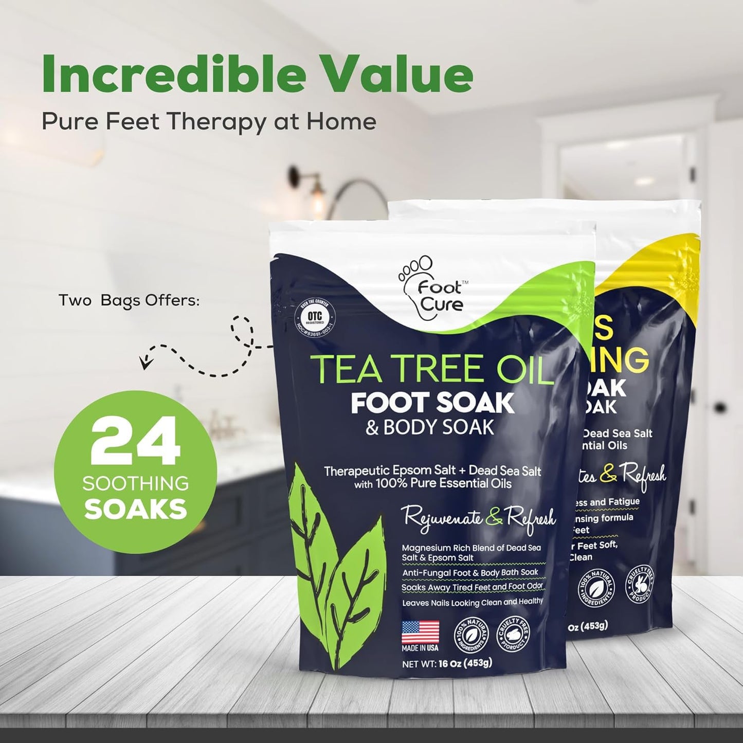 FOOT CURE Tea Tree & Citrus Foot Soak with Epsom Salt – Supports Tired Feet, Softens Calluses, and Refreshes (Pack of 2)