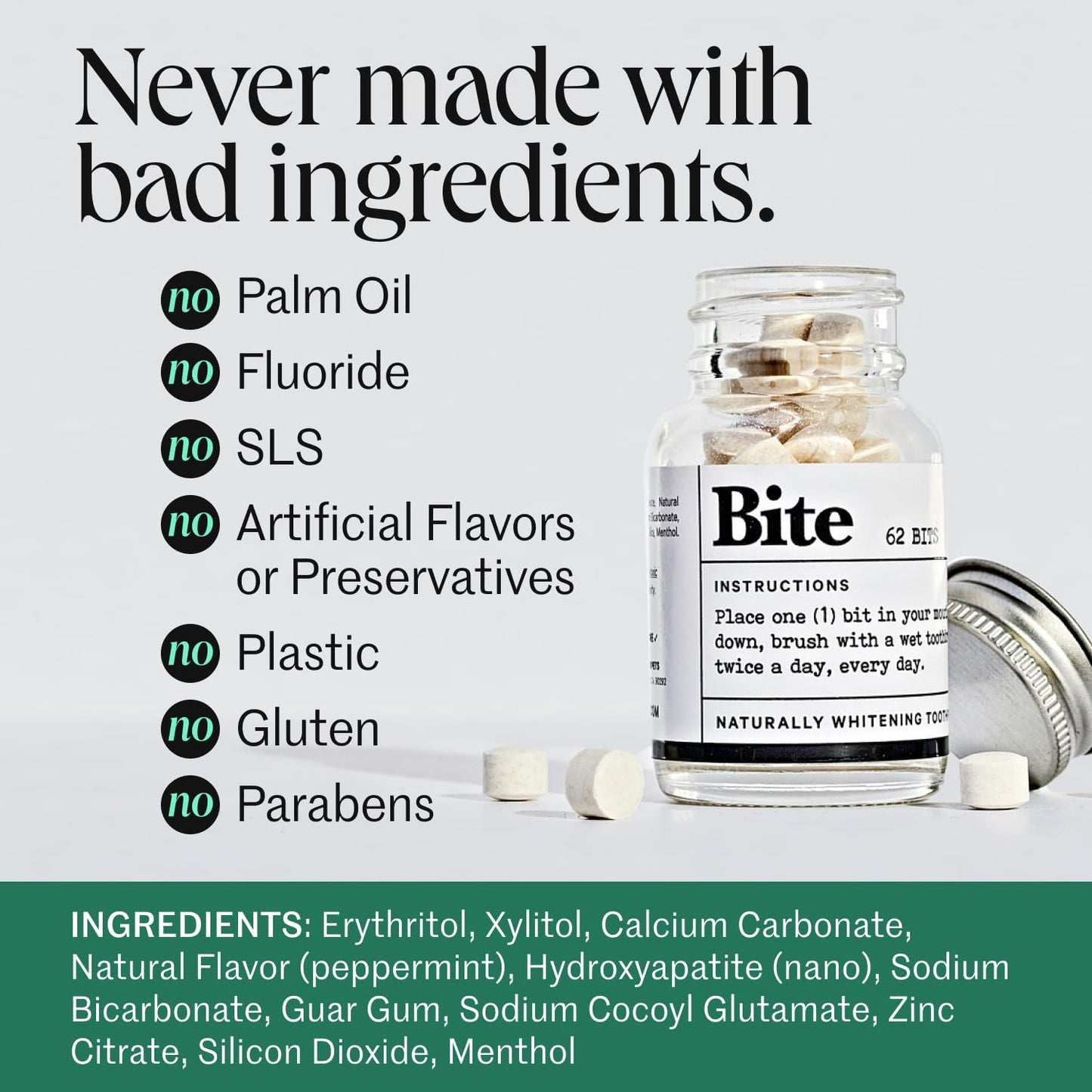 Bite Toothpaste Tablets, Xylitol & 5% Nano Hydroxyapatite Toothpaste Bits for Sensitive Teeth, Fluoride Free Tooth Whitening, Travel Size Dental Care for Adults & Kids, Made in USA, 124 Bits