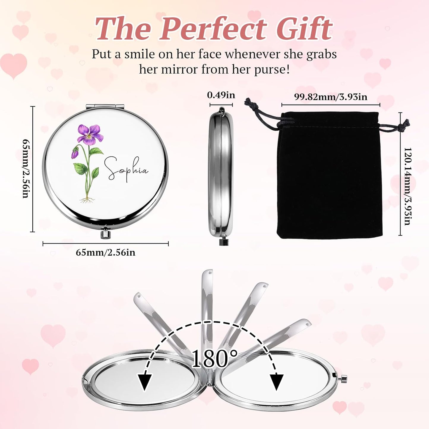 Personalized Compact Mirror for Women, Custom Birth Flower and Name Pocket Mirror, 1X/2X Magnification Travel Makeup Mirror for Purse, Gift for Bridesmaid Wedding Birthday Christmas Mom Friend Sister