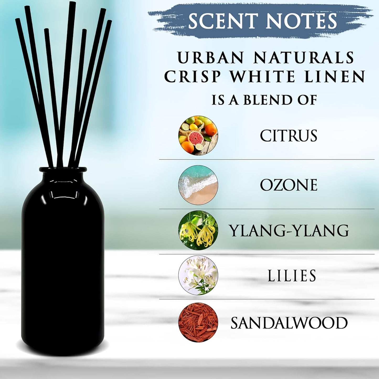 Urban Naturals Crisp White Linen Reed Diffuser Gift Set | with Citrus, Ozone, Ylang-Ylang, Lilies & Sandalwood Notes for a Fresh, Clean Cotton Smelling Home