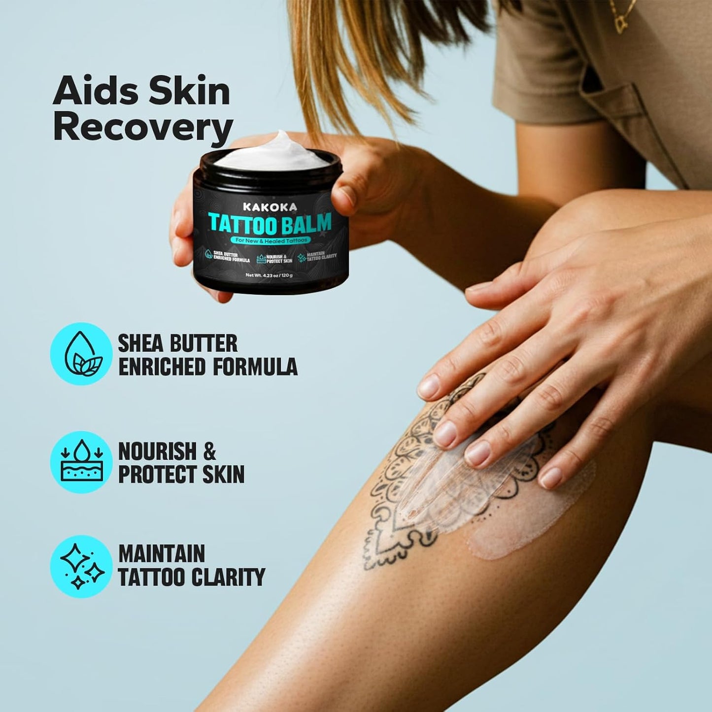 Tattoo Aftercare (4.23 oz), Tattoo Balm, Natural Shea Butter Formula Tattoo Lotion, Nourishing Properties and Color Support for New and Existing Tattoos, Tattoo Care Cream for Daily Use