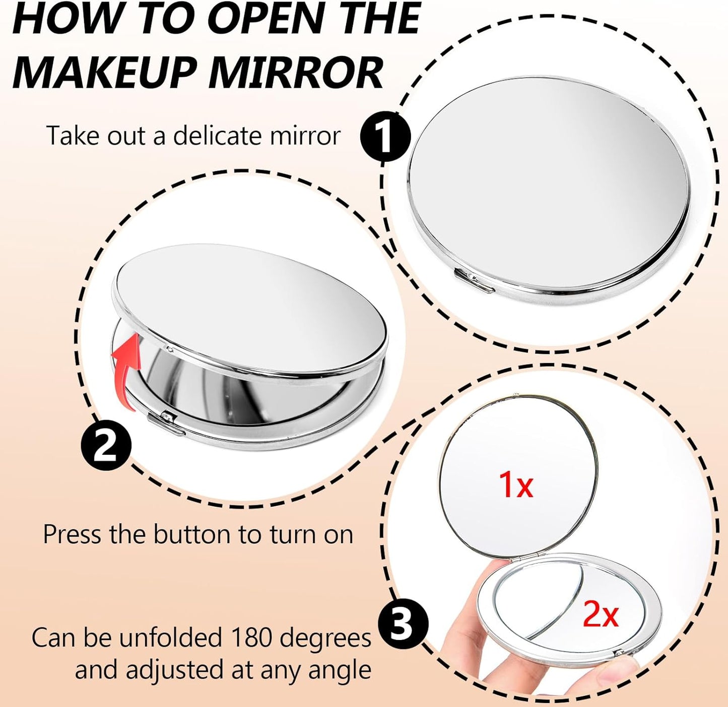 Portable Compact Metal Folding Makeup Mirrors, Beautiful and Elegant,1X/2X Magnifier. (Naked Silver)