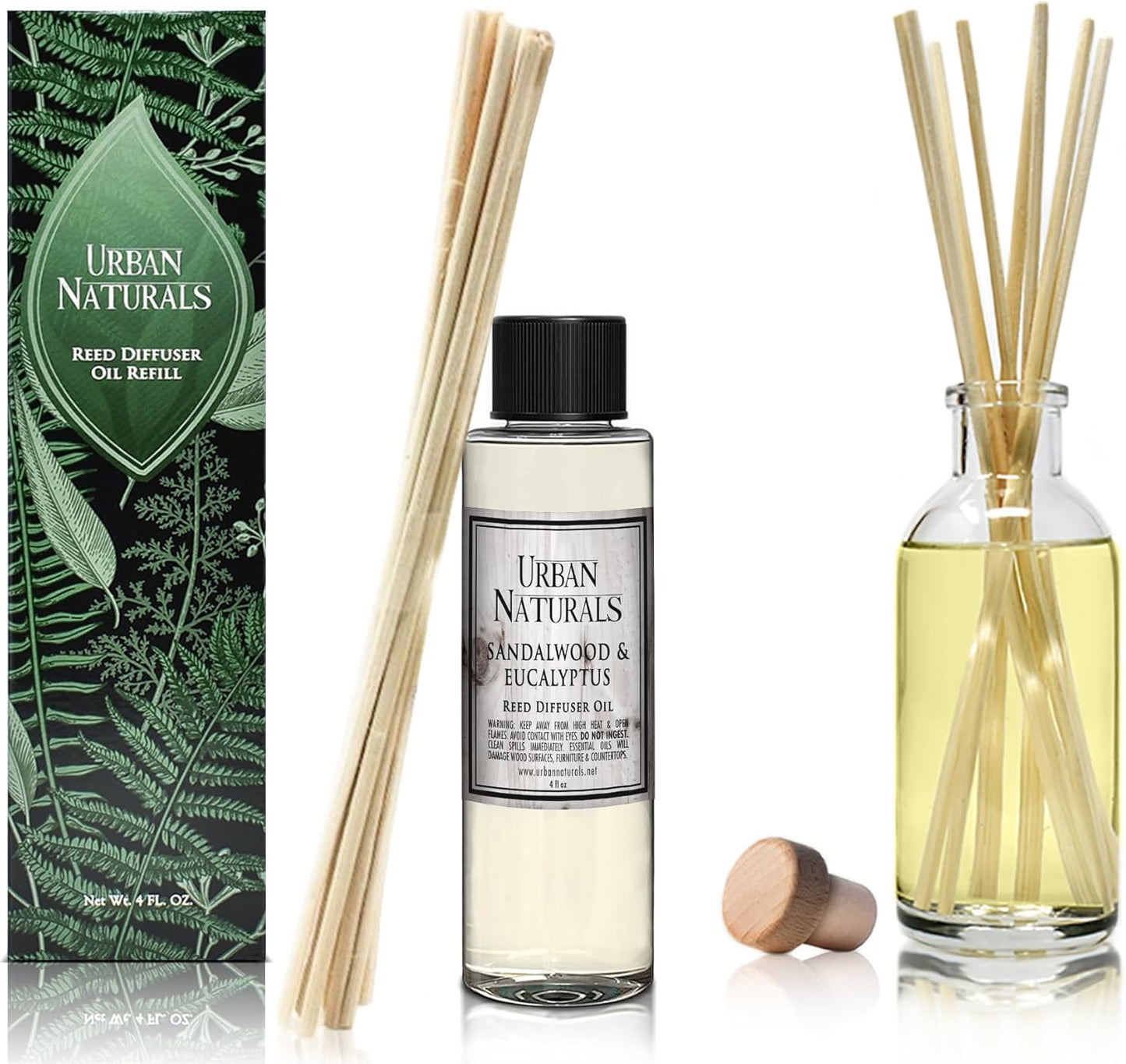 Urban Naturals Reed Diffuser Oil Refill, Sandalwood & Eucalyptus Diffuser Oils with Musk, Herbal Woods, 4 oz + Free Reed Sticks, Made in The USA