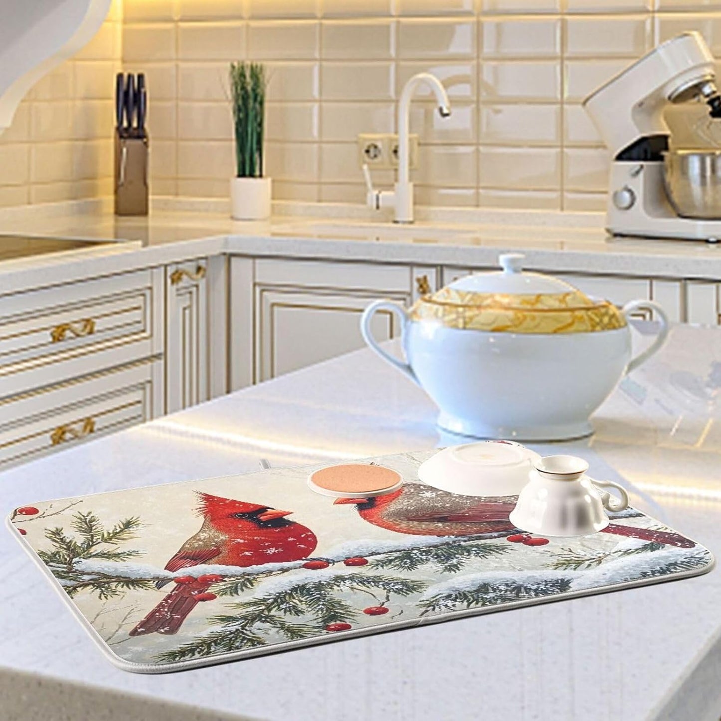 Christmas Dish Drying Mat Red Cardinals Birds Snowflake Branches Berries Winter Christmas Dish Drainer Mat for Kitchen Counter 18x24 inch Drying Mat Absorbent Microfiber Dish Mat