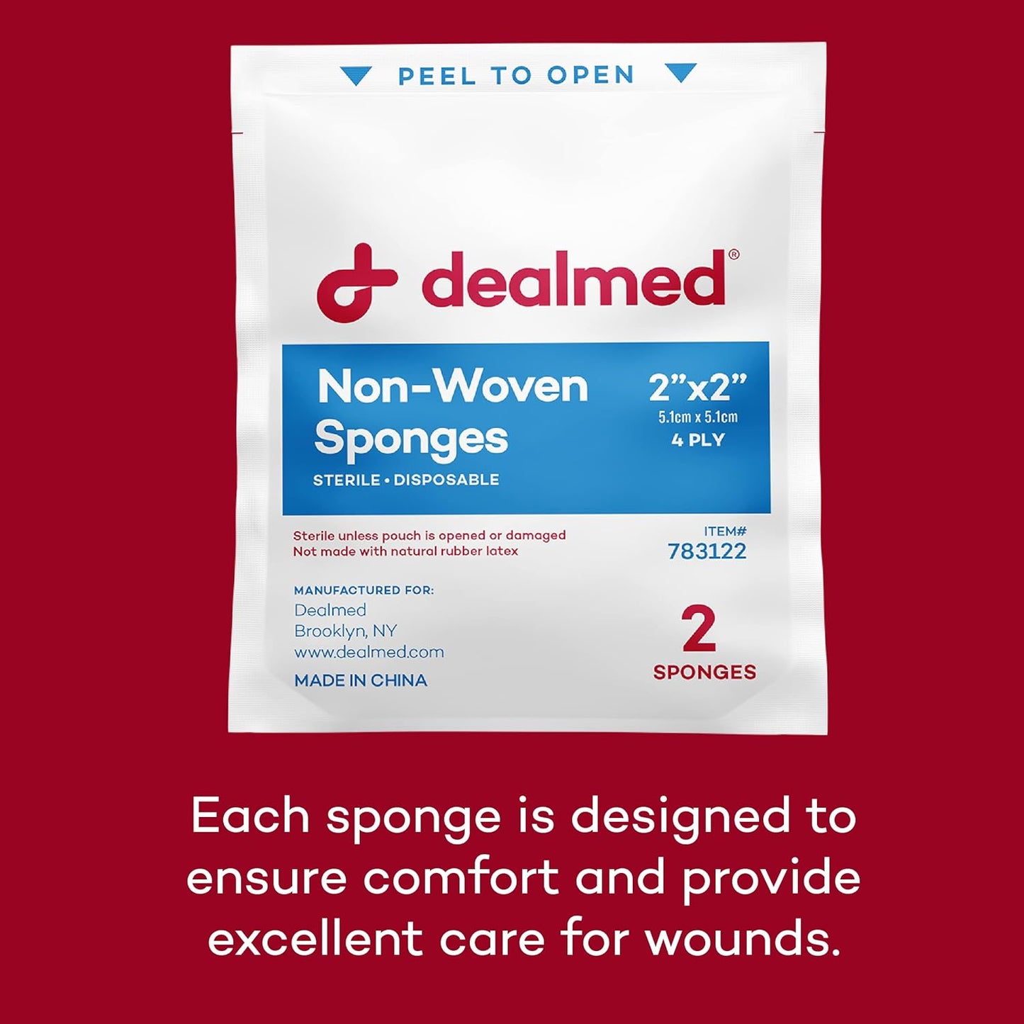 Dealmed Premium Non-Woven Sponges – 2" x 2" 4-Ply Non-Woven Gauze Pads, 25 Pouches, 2 Per Pouch, Absorbent Gauze Sponges, Wound Care Product for First Aid Kits and Medical Facilities